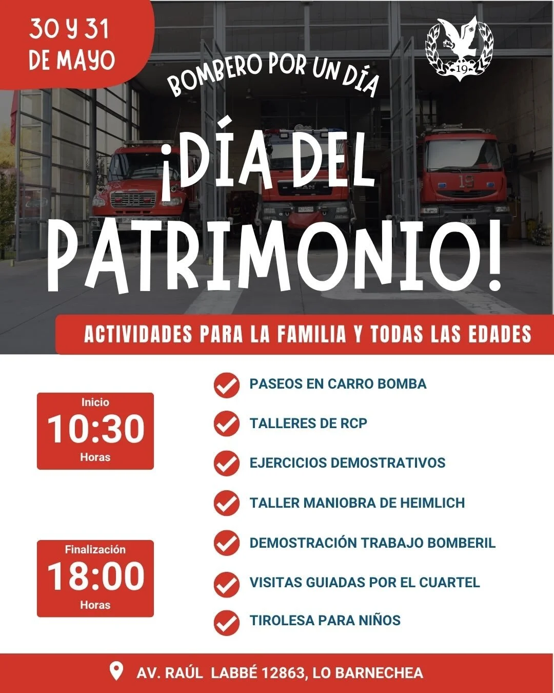 &iexcl;S&eacute; bombero por un d&iacute;a! 👨&zwj;🚒 

Los invitamos a todos a poder visitar nuestra querida compa&ntilde;&iacute;a, ubicada en Ra&uacute;l Labbe 12863, Lo Barnechea. 📍

Podr&aacute;n disfrutar de visitas guiadas por nuestro cuartel