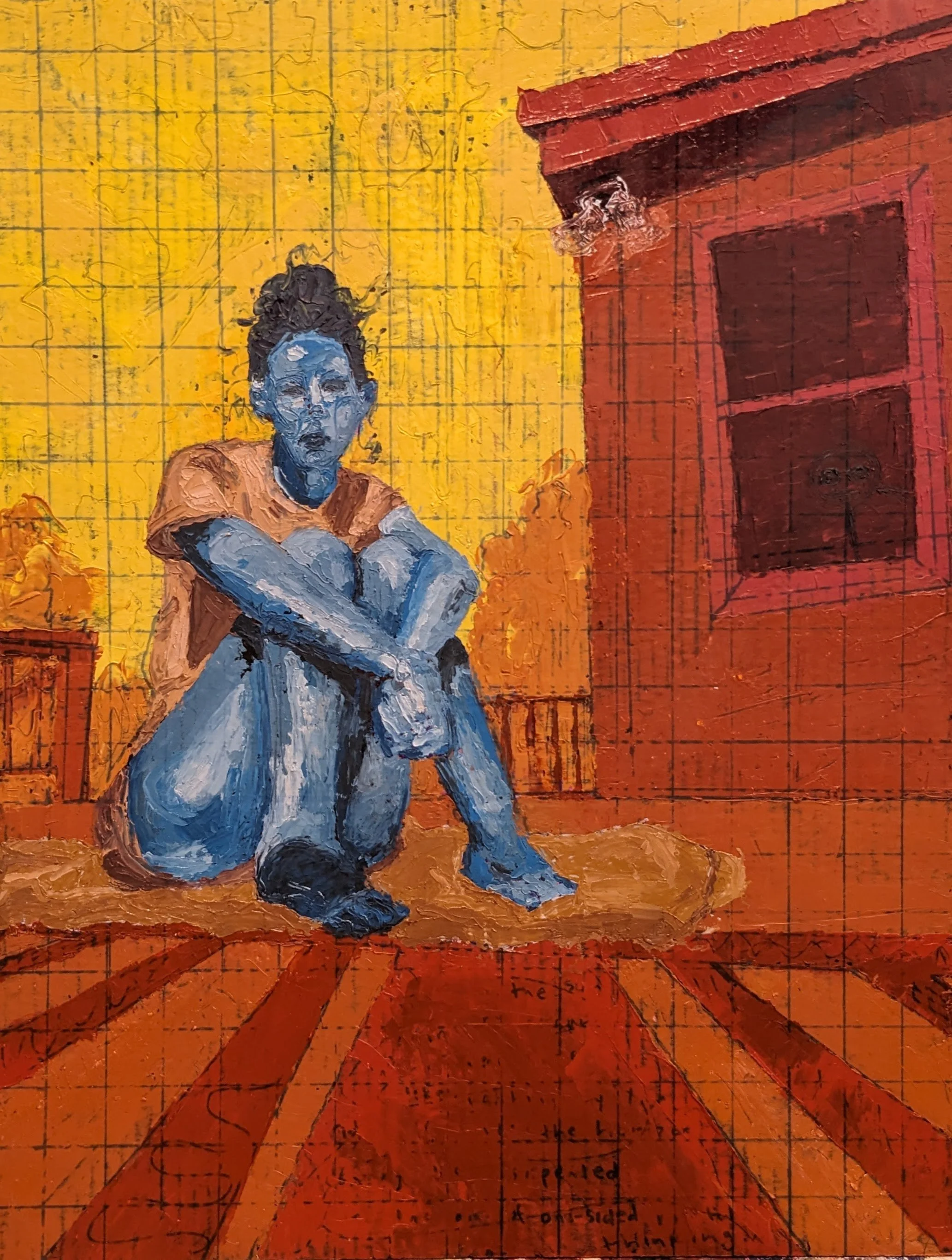 Heat Immersion. 2023. Oil and ink on cardboard. 22 in x 17 in.