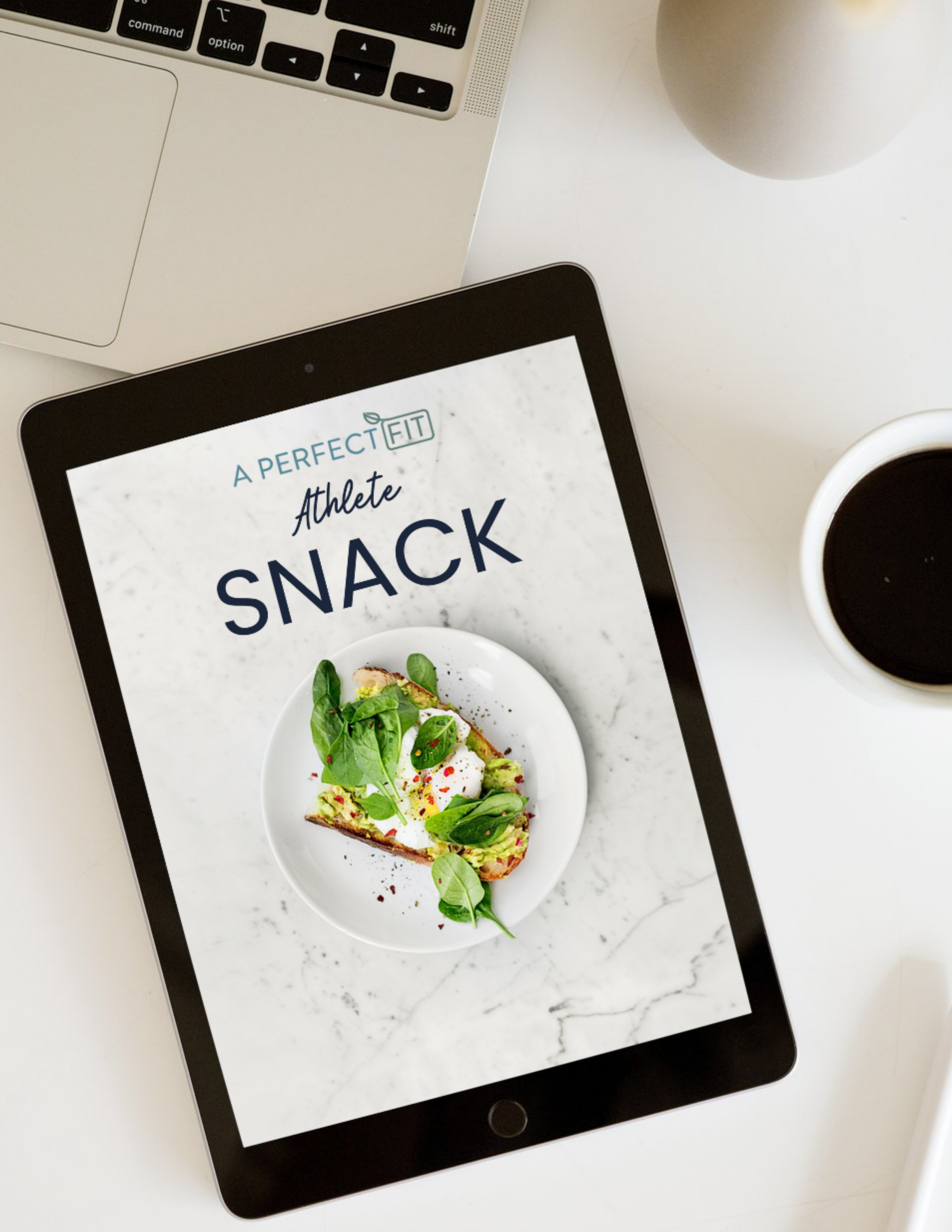 Tablet displaying a healthy snack with a slice of avocado toast with greens on a white plate, with the text "A Perfect Fit Athlete Snack"