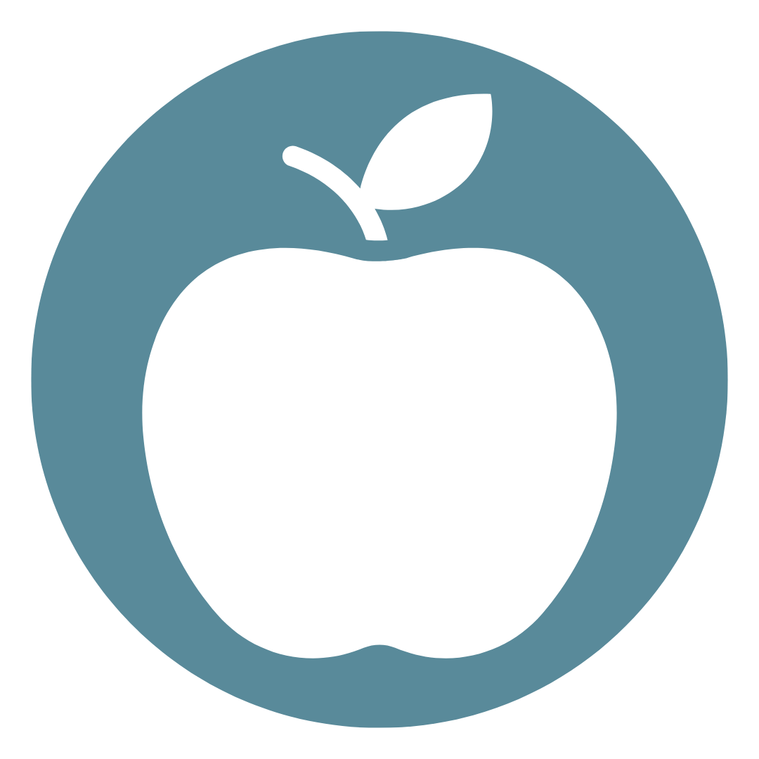 Simple graphic of an apple icon with a leaf on a blue circle background.
