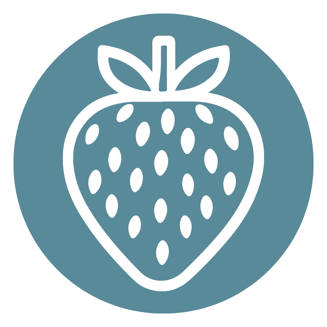 Line drawing of a strawberry, with seeds and leaves on top, on a circular background.