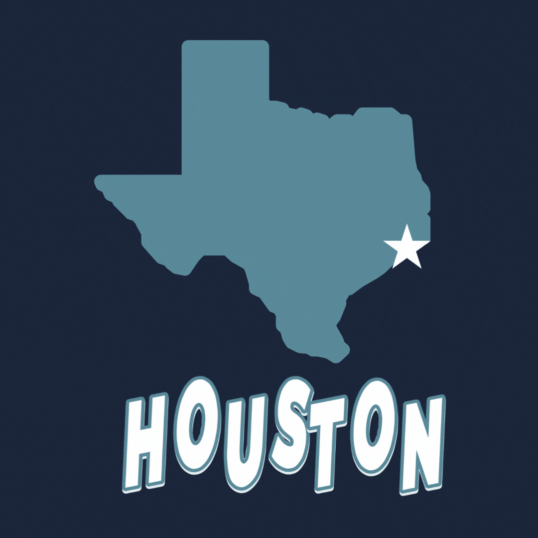 Silhouette map of Texas with a star marking Houston, and the word 'Houston' written below.