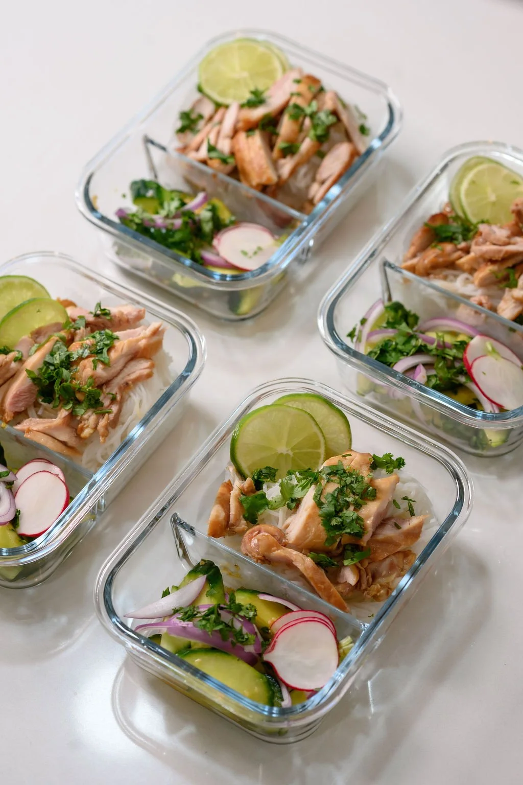 Four glass containers filled with chicken salad, topped with lime slices, garnished with cilantro, and accompanied by sliced radishes and cucumbers.