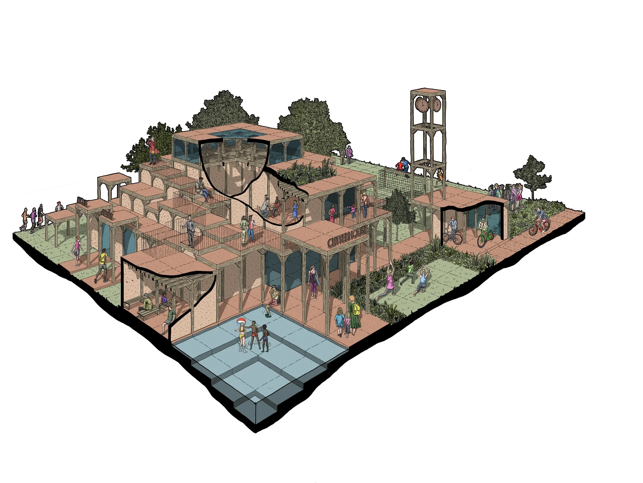 Illustration of a multi-level community center with people engaged in various activities, green spaces, bike paths, and an observation tower.