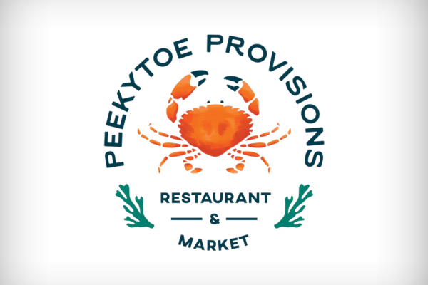 Logo for Peeky Toe Provisions, featuring a crab illustration with found coral branches and text for restaurant and market.