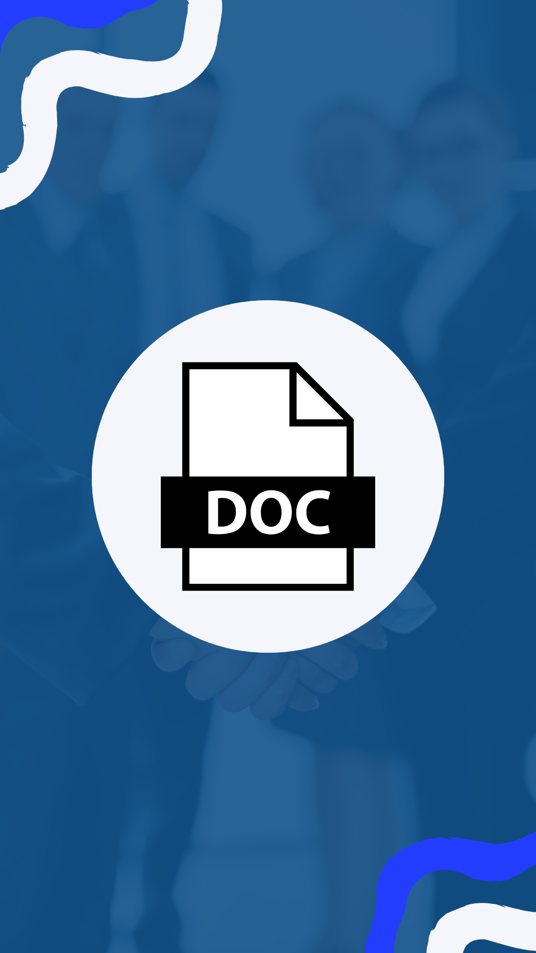 Icon of a document with the word 'DOC' on it, overlaid on a blurred image of people shaking hands.