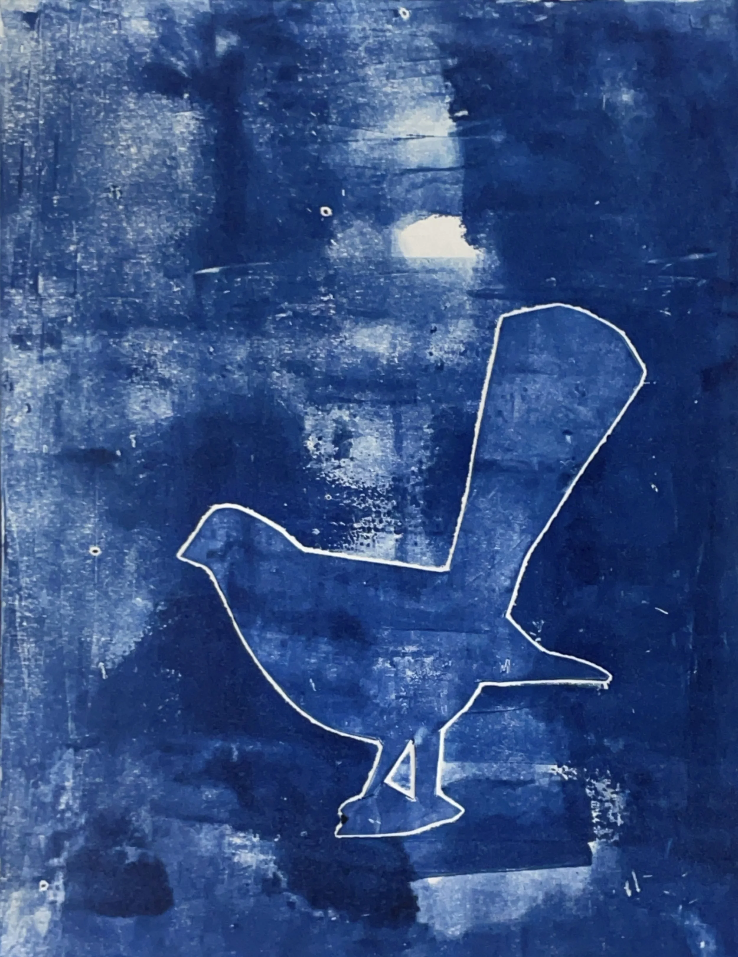 Experimental Monotype Printmaking Course with Francesco Geronazzo on proartika.com One of the monoprints made with a stencil, a blue bird cutout.