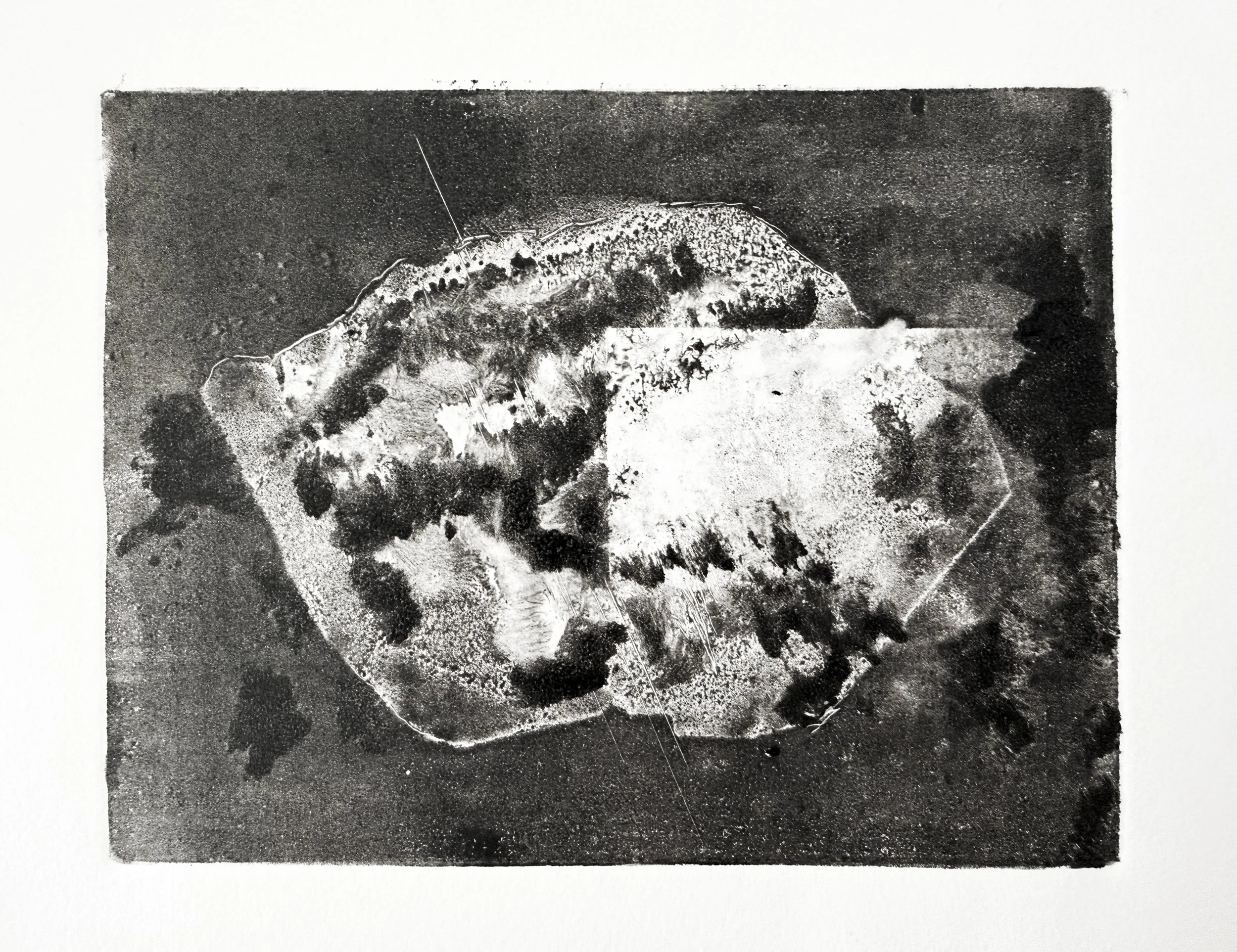 A monochrome artwork by Francesco Geronazzo, a printmaking master teaching Experimental Monotype Printmaking Course on proartika.com