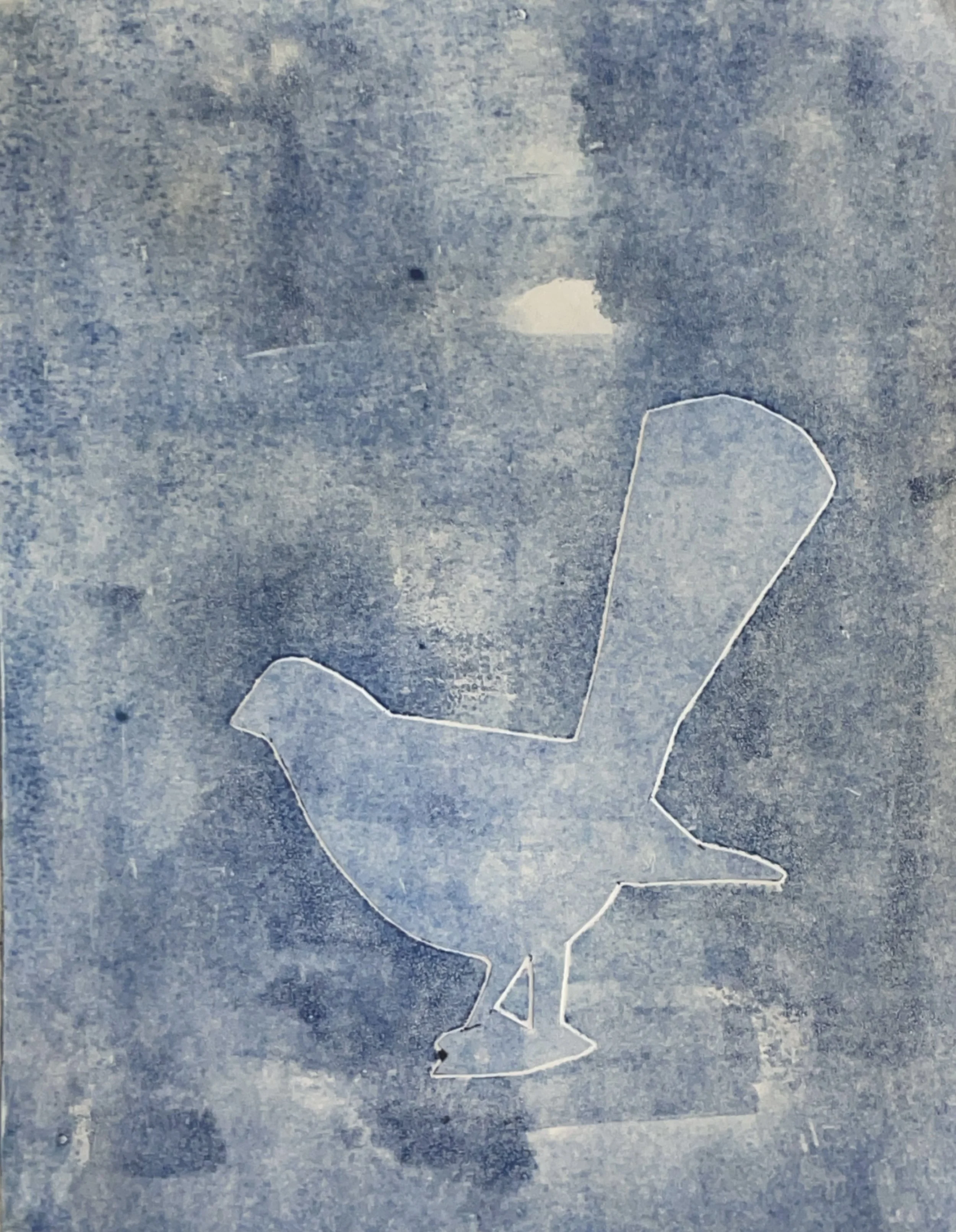 Experimental Monotype Printmaking Course with Francesco Geronazzo on proartika.com One of the monoprints made with a stencil, a blue bird cutout.
