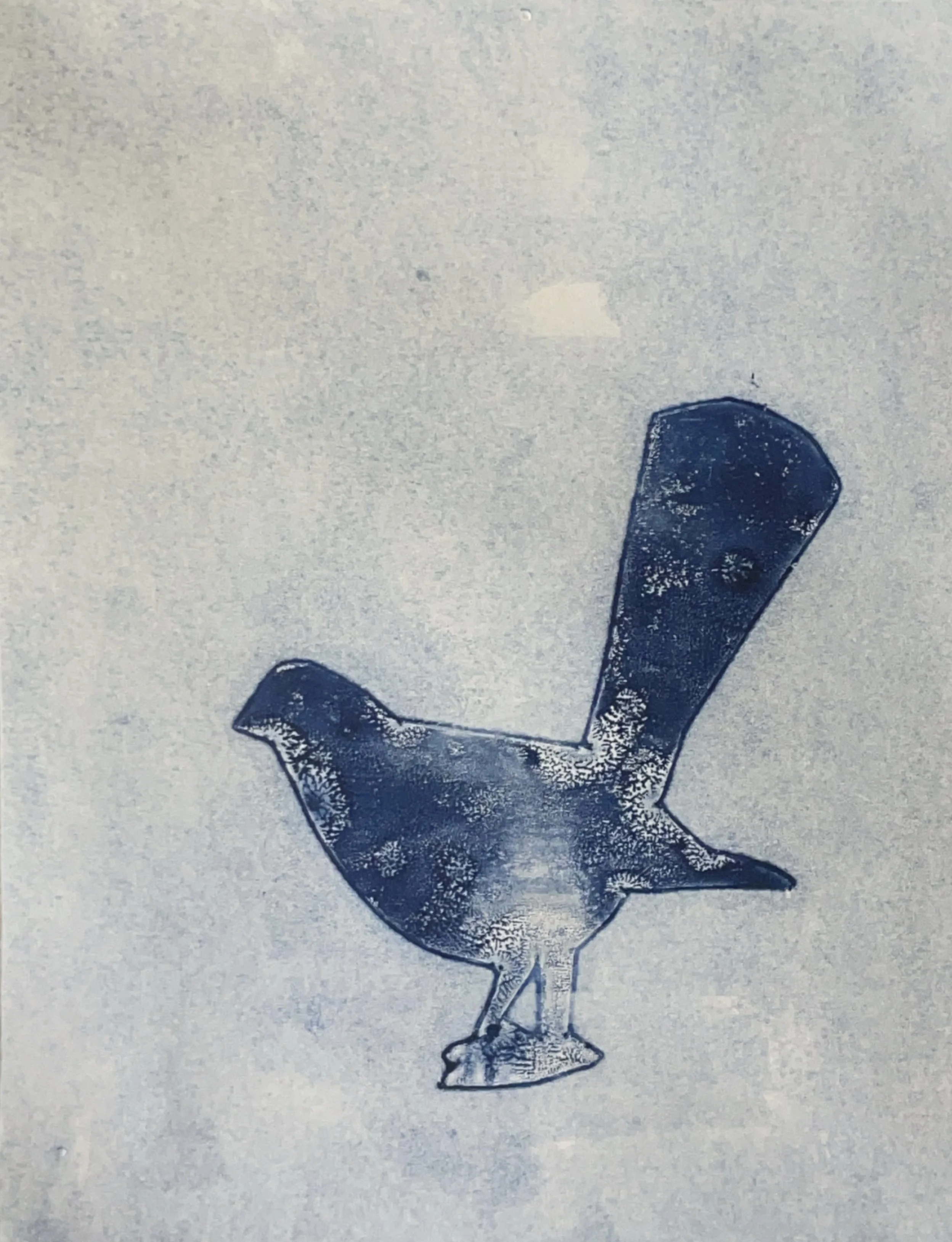 Experimental Monotype Printmaking Course with Francesco Geronazzo on proartika.com One of the monoprints made with a stencil, a blue bird cutout.
