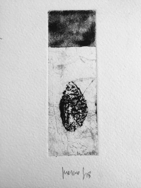 Experimental Monotype Printmaking Course with Francesco Geronazzo on proartika.com A vertical rectangular abstract black and white artwork with textured shading, an oval shape in the center, and an artist's signature and date at the bottom.