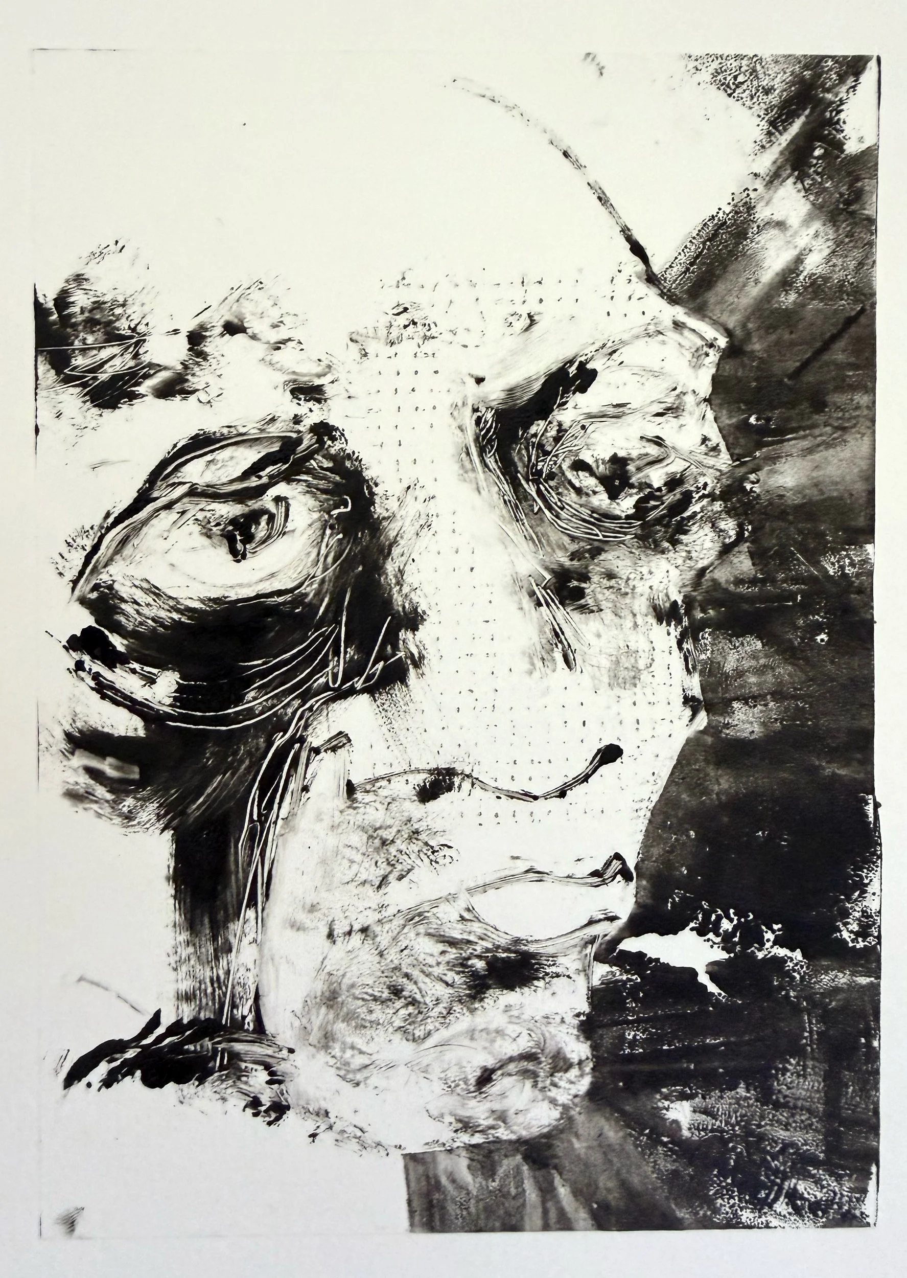 Black and white abstract portrait of a person's face created with expressive brushstrokes and textures.