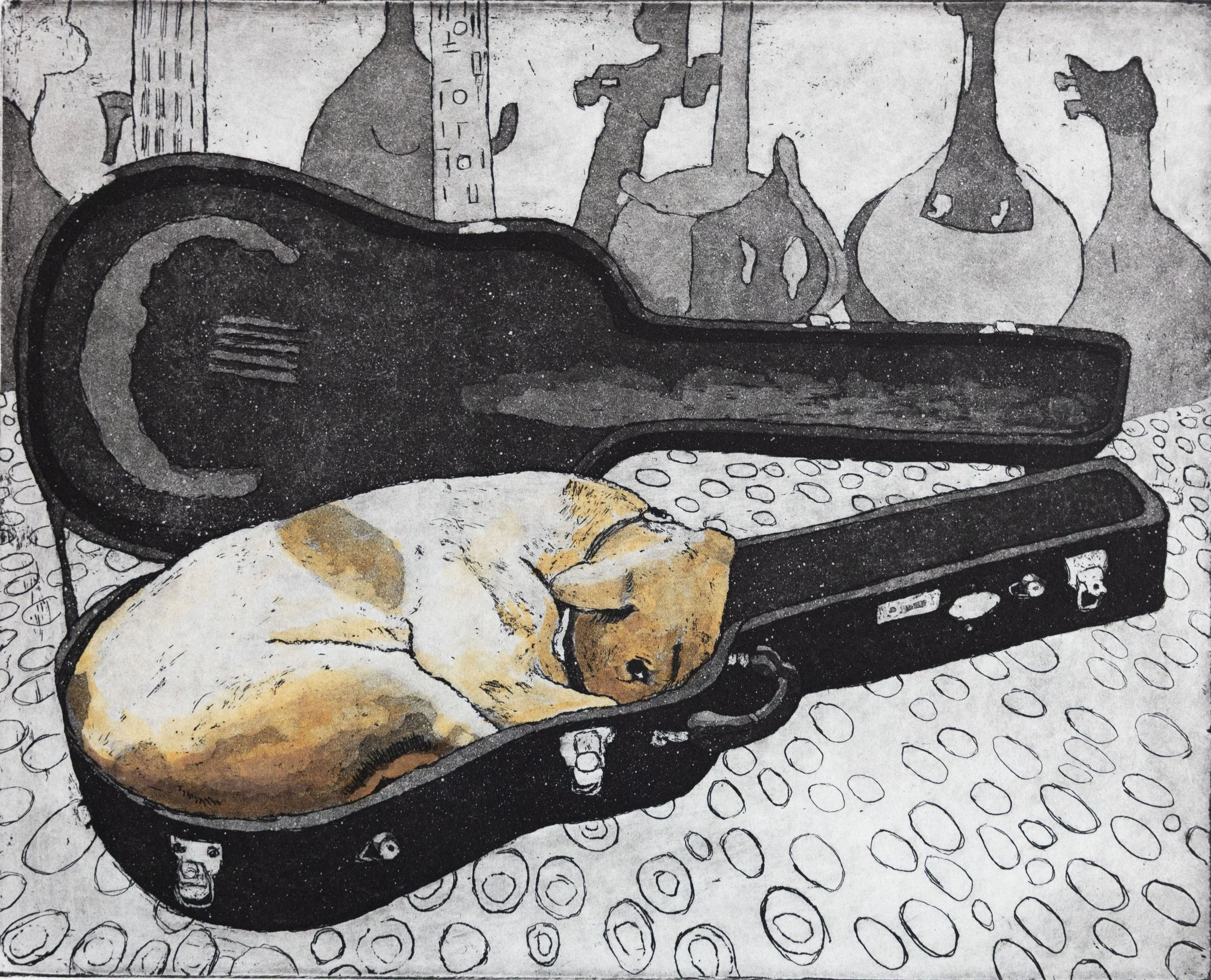 A sleeping dog inside an open guitar case, with various glass bottles in the background. Contemporary aquatint and sugar-lift etching by Hermann Isaac