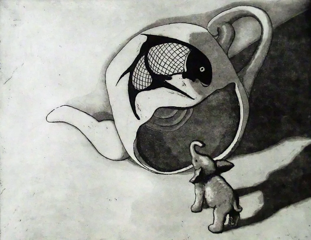 Expressive, surrealistic intaglio print created using aquatint and sugar-lift techniques by Hermann Isaac I Proartika.com