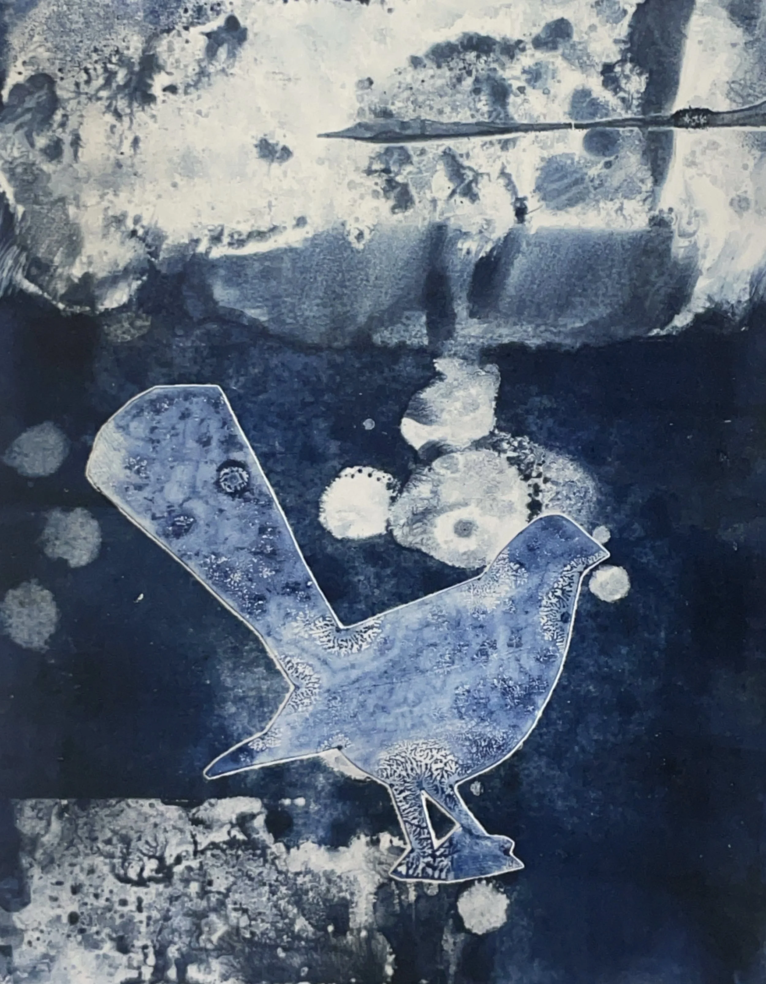 Experimental Monotype Printmaking Course with Francesco Geronazzo on proartika.com One of the monoprints made with a stencil, a blue bird cutout.