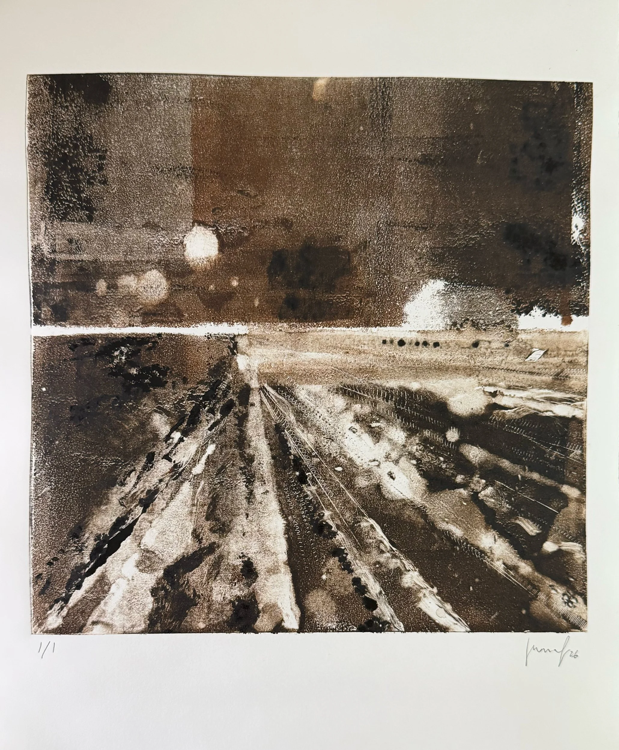 An abstract ink or watercolor painting in shades of brown and black, depicting a landscape with a road or railway tracks, blurred lights, and a sky with orbs or stars.