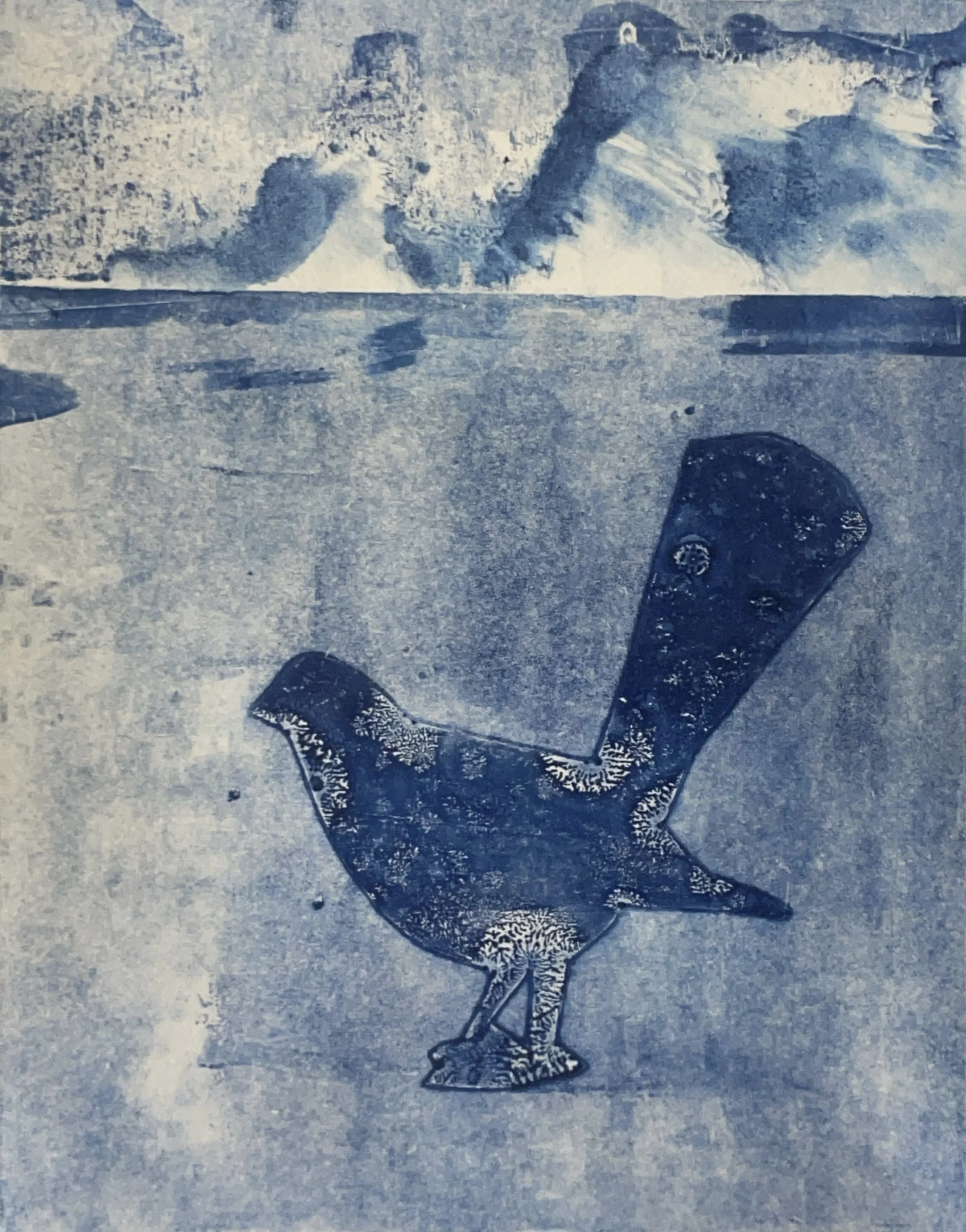 Experimental Monotype Printmaking Course with Francesco Geronazzo on proartika.com One of the monoprints made with a stencil, a blue bird cutout.