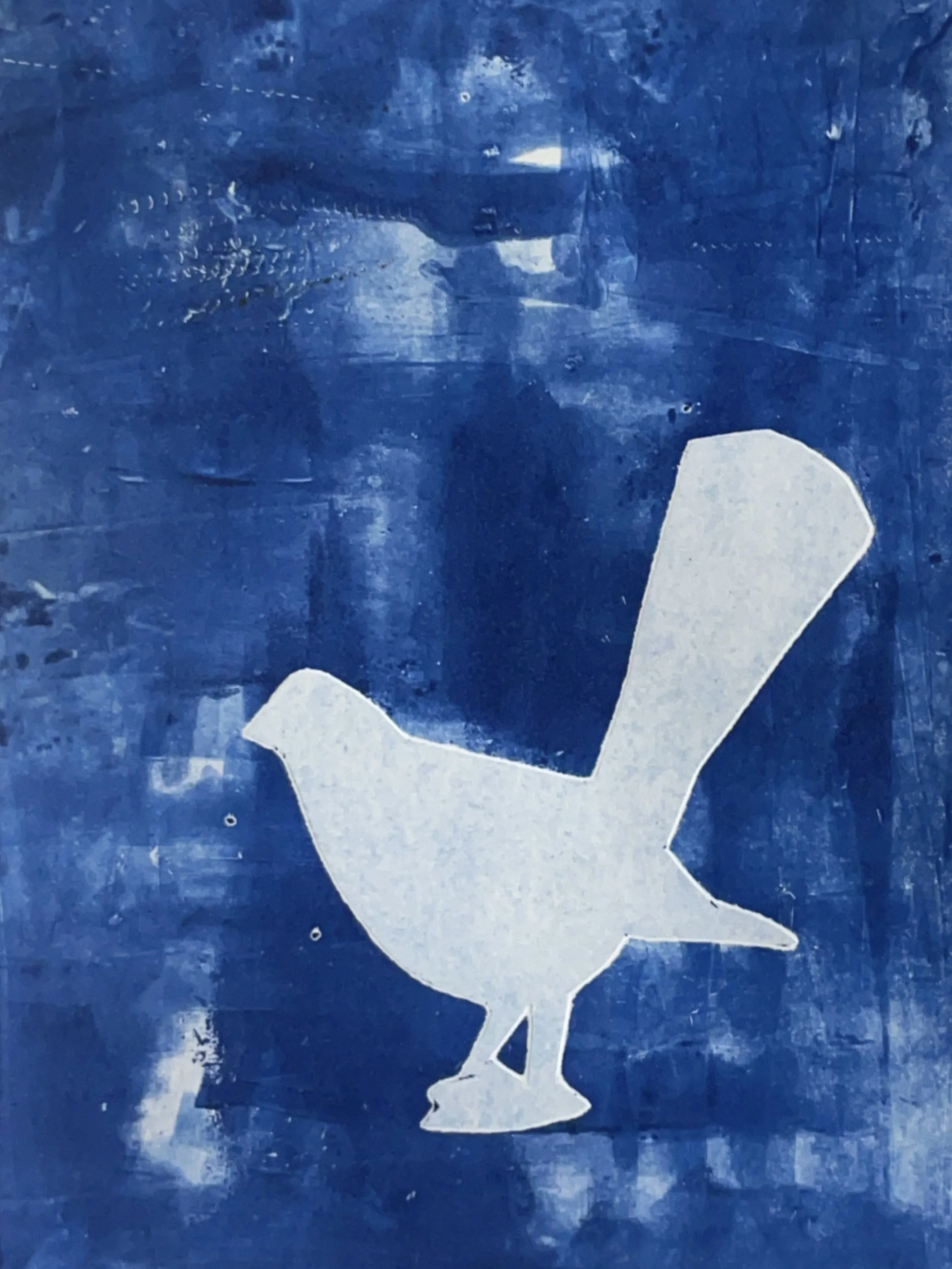 Experimental Monotype Printmaking Course with Francesco Geronazzo on proartika.com One of the monoprints made with a stencil, a blue bird cutout.
