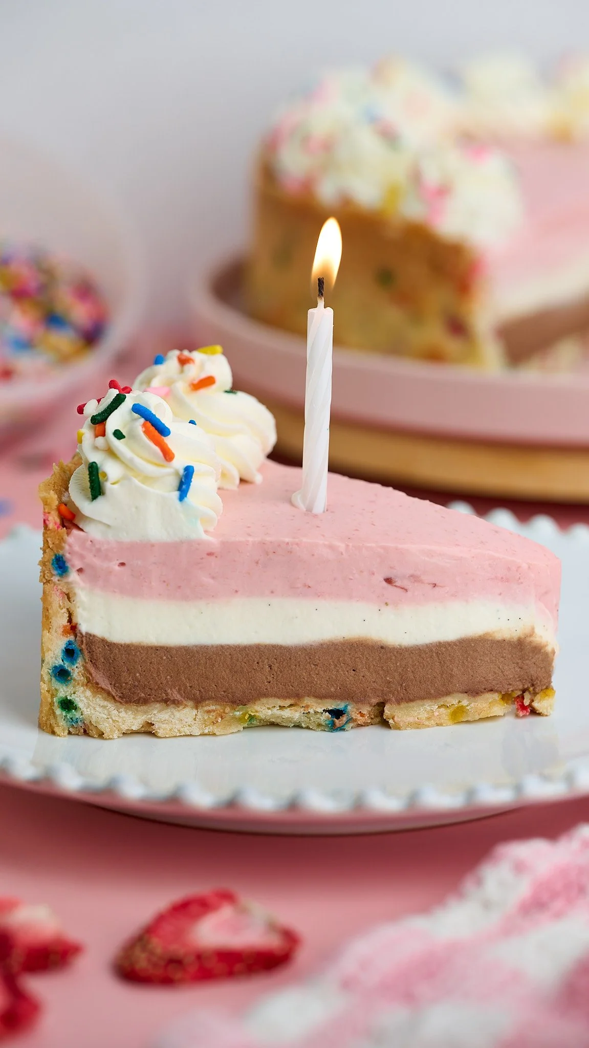 icebox pies shortbread crust funfetti shortbread sprinkles birthday dessert celebration dessert birthday pie no bake pie easy pies chocolate cream pie strawberry pie Neapolitan ice cream