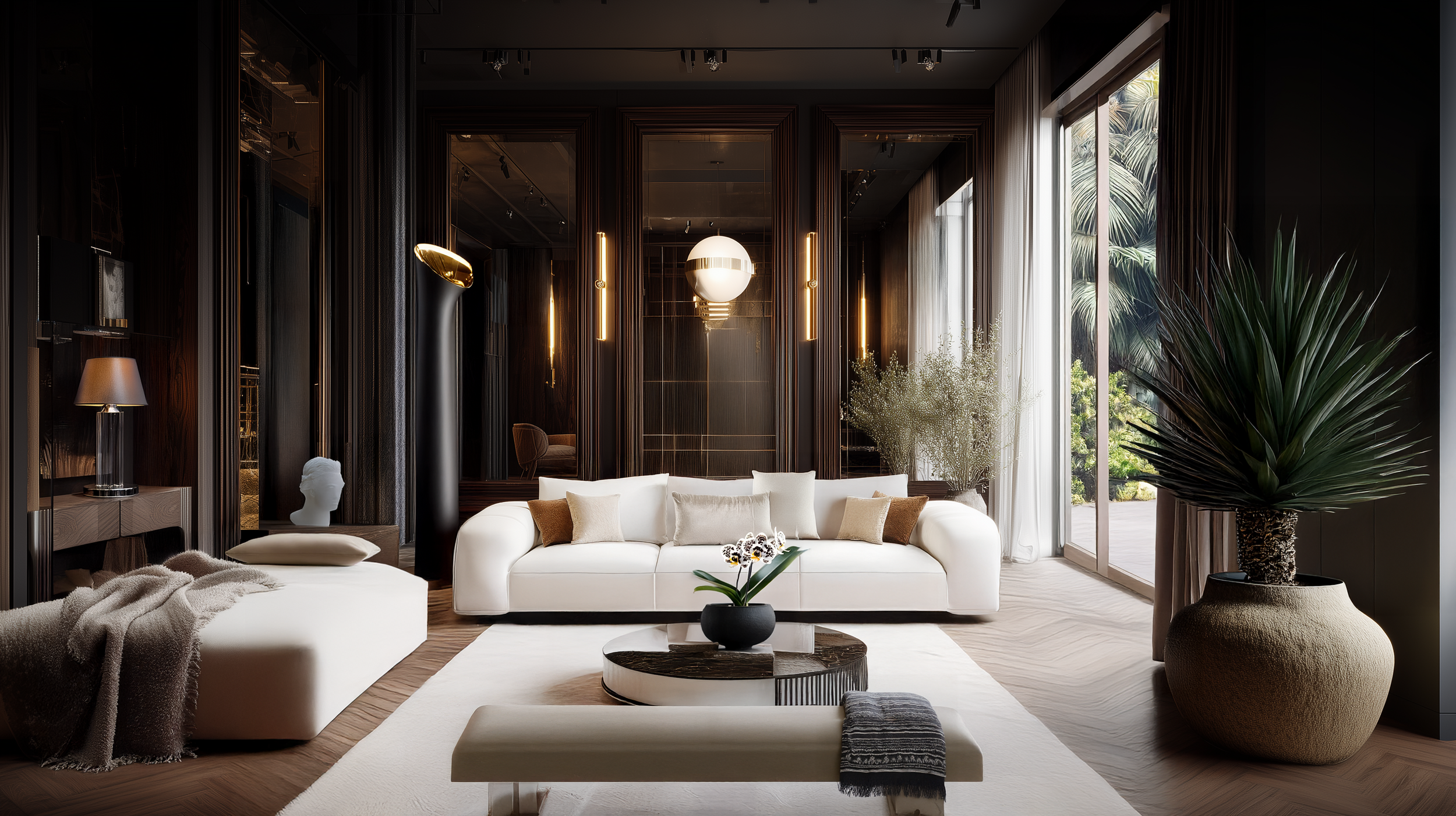 Modern living room with a large beige sectional sofa, marble coffee table, floor lamp, and large windows with curtains overlooking a garden with palm trees.