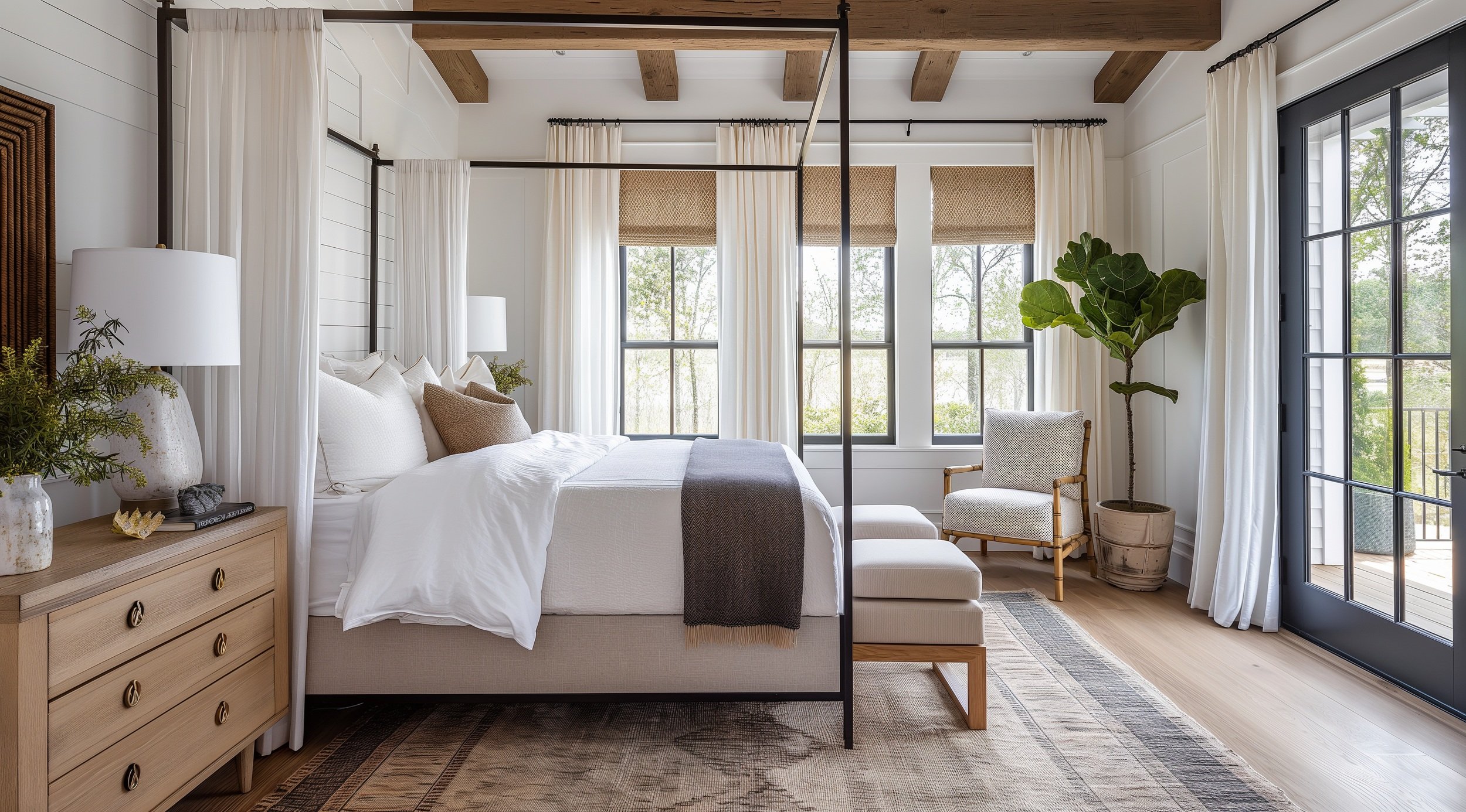 Modern bedroom with a canopy bed, white bedding, wooden accents, and large windows. Features a potted plant, decorative pillows, and a cozy chair. Light and airy design with a soft rug and light wood flooring - chic primary bedroom design in Miami