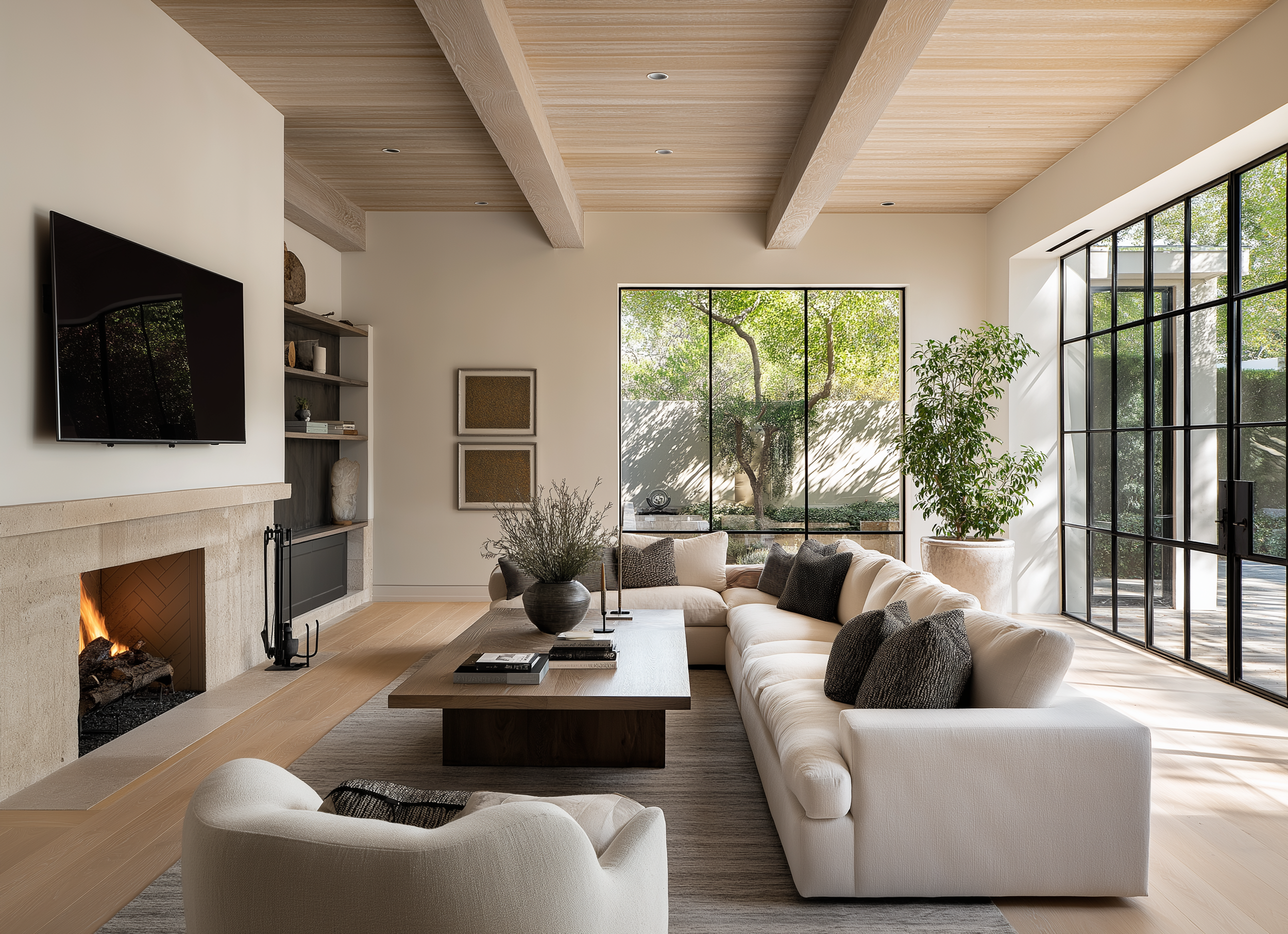 A modern farmhouse living room with a large ivory cozy sectional, wood coffee table, and an olive tree on a natural rug. There's a fireplace flanked by wooden shelves, large windows overlooking greenery, and minimal decor.