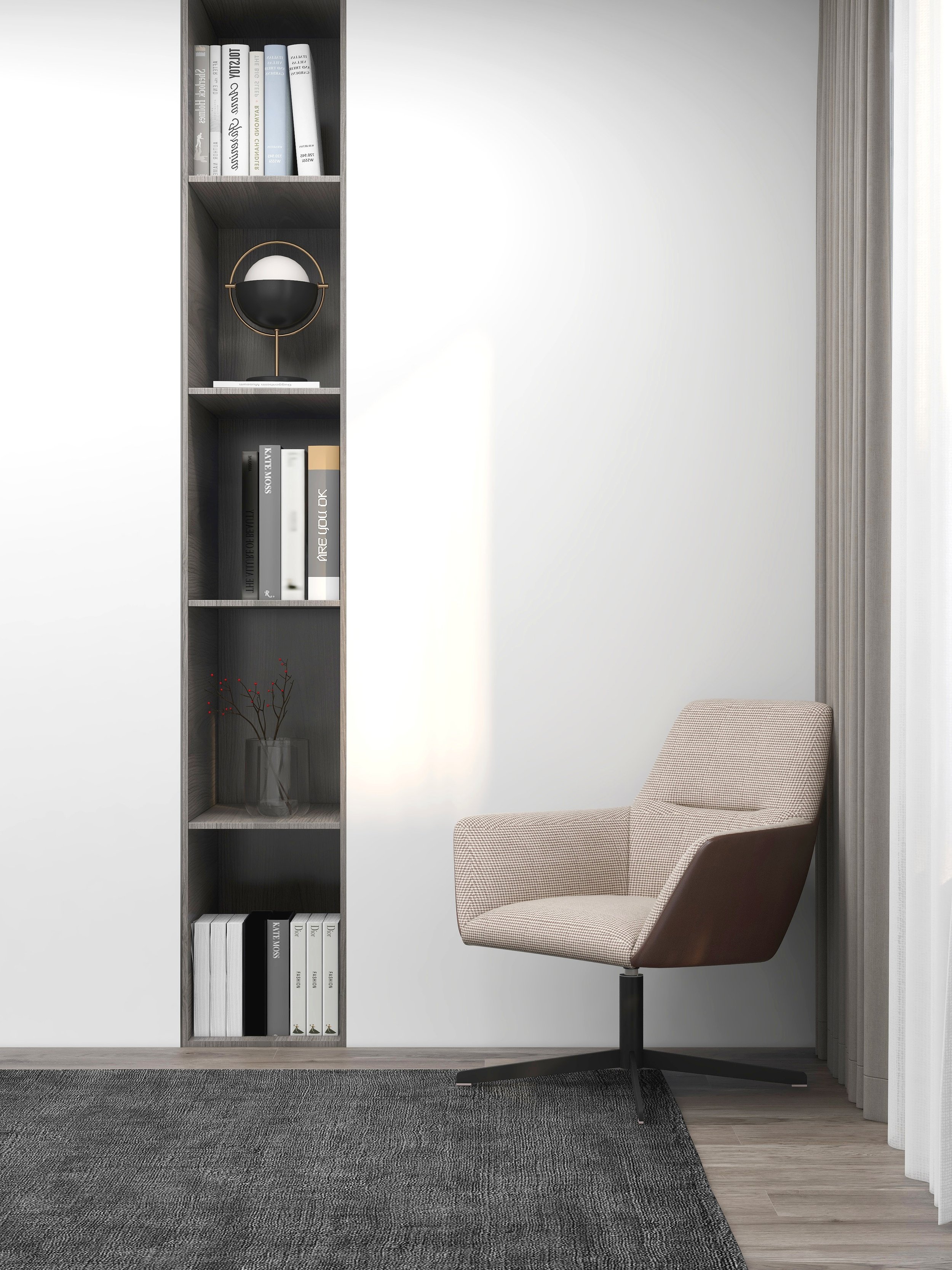 Modern minimalist room with a beige armchair, gray rug, wooden floor, and a built-in shelf containing books, a decorative lamp, and a plant.