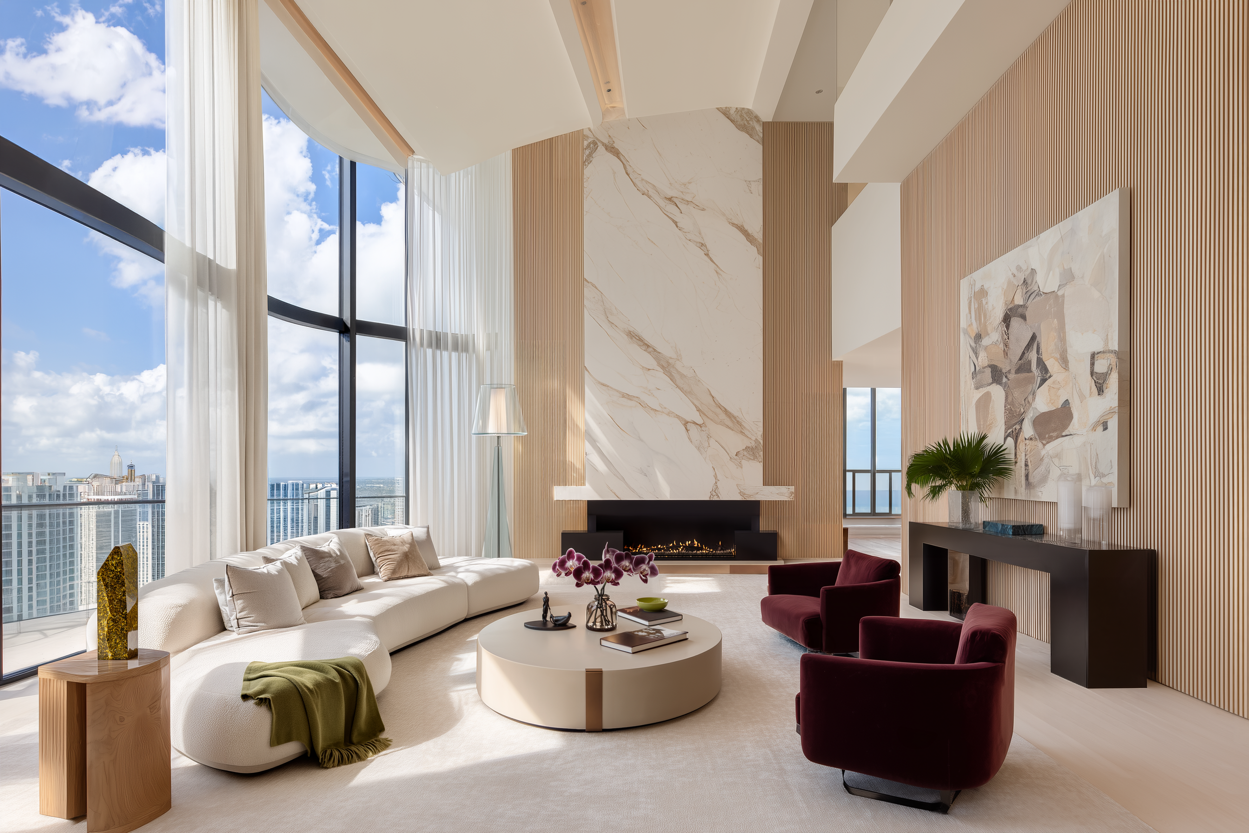 Modern living room with large arched windows, beige sofas, soft chairs, and indoor plants.