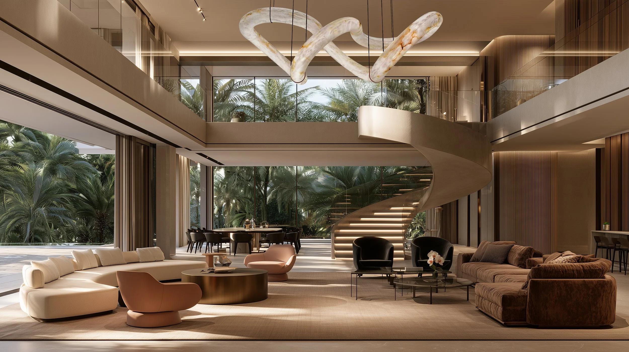 Modern chic designer living room with a sofa, armchairs, round marble coffee table, and minimalist decor. Features a dining area with a wood table and upholstered chairs, neutral color palette, and soft lighting.