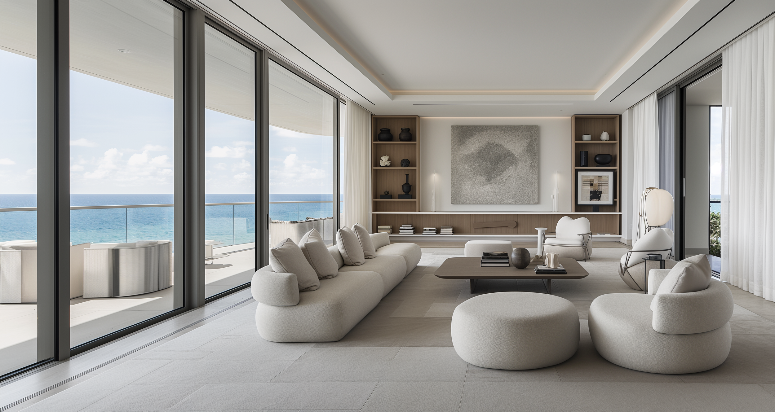 Modern living room with ocean view, featuring white furniture, a large sofa, armchairs, round cushions, a low wooden table, and minimalist decor. Floor-to-ceiling windows offer a view of the ocean - contemporary interior design in Miami Beach