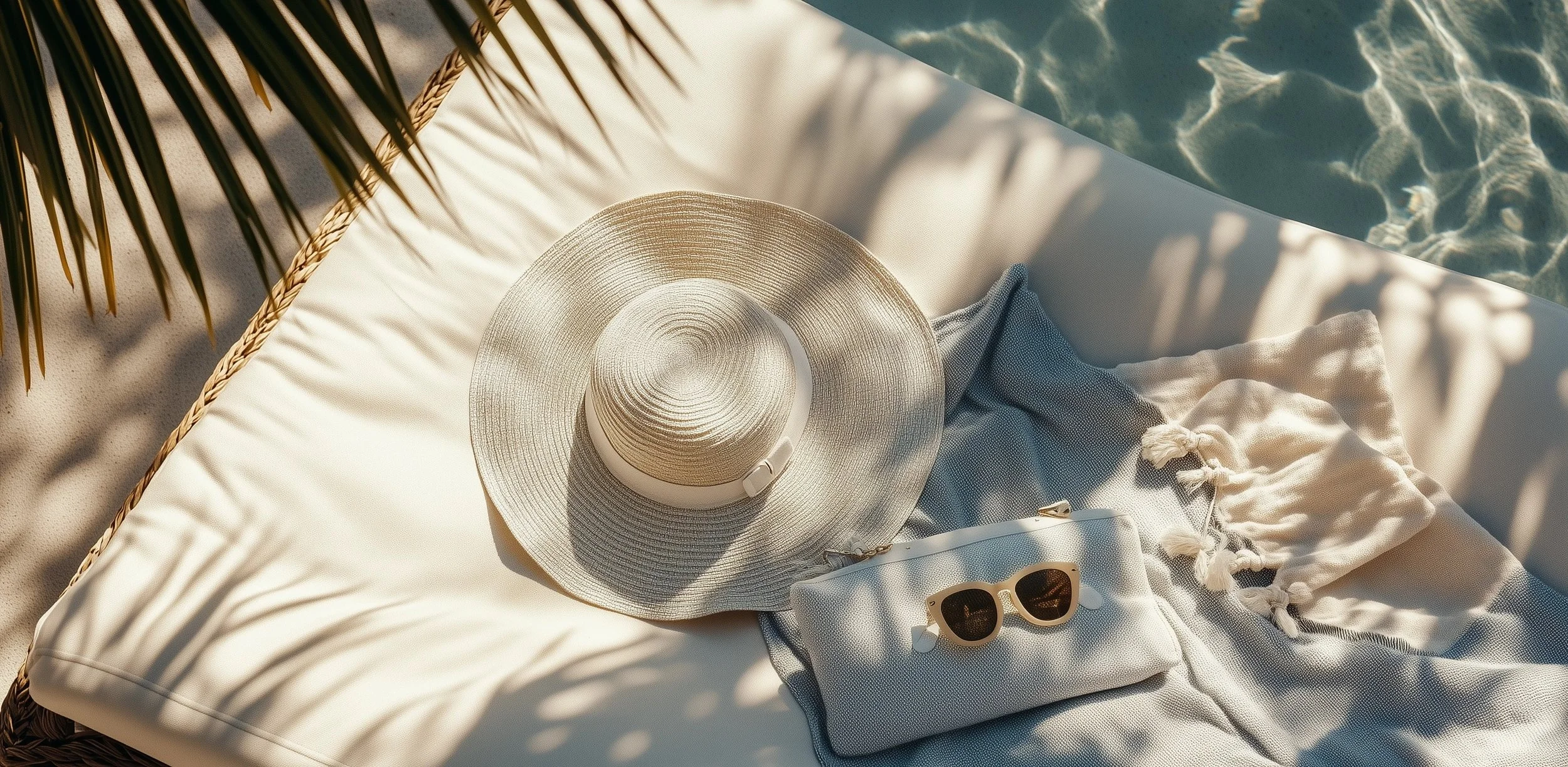 Luxury outdoor pool area with lounge chairs and umbrellas, surrounded by lush tropical plants.