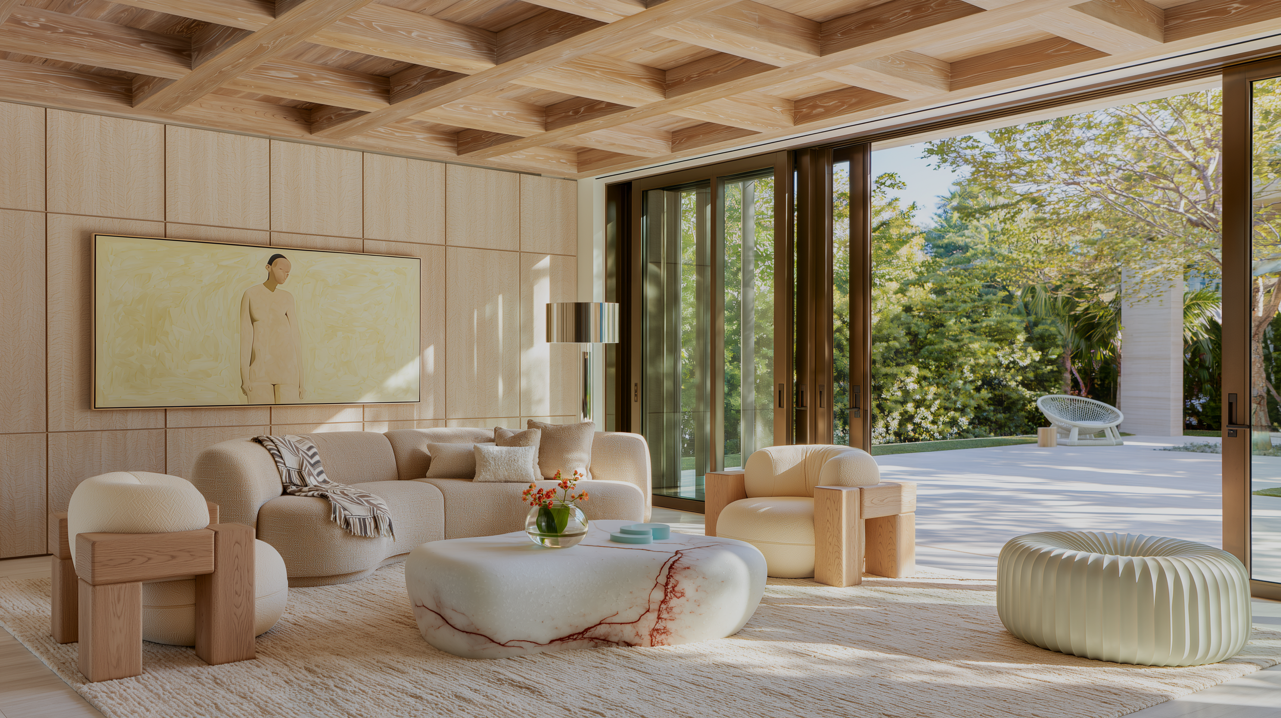 Modern chic designer living room with a sofa, armchairs, round marble coffee table, and minimalist decor. Features a dining area with a wood table and upholstered chairs, neutral color palette, and soft lighting.