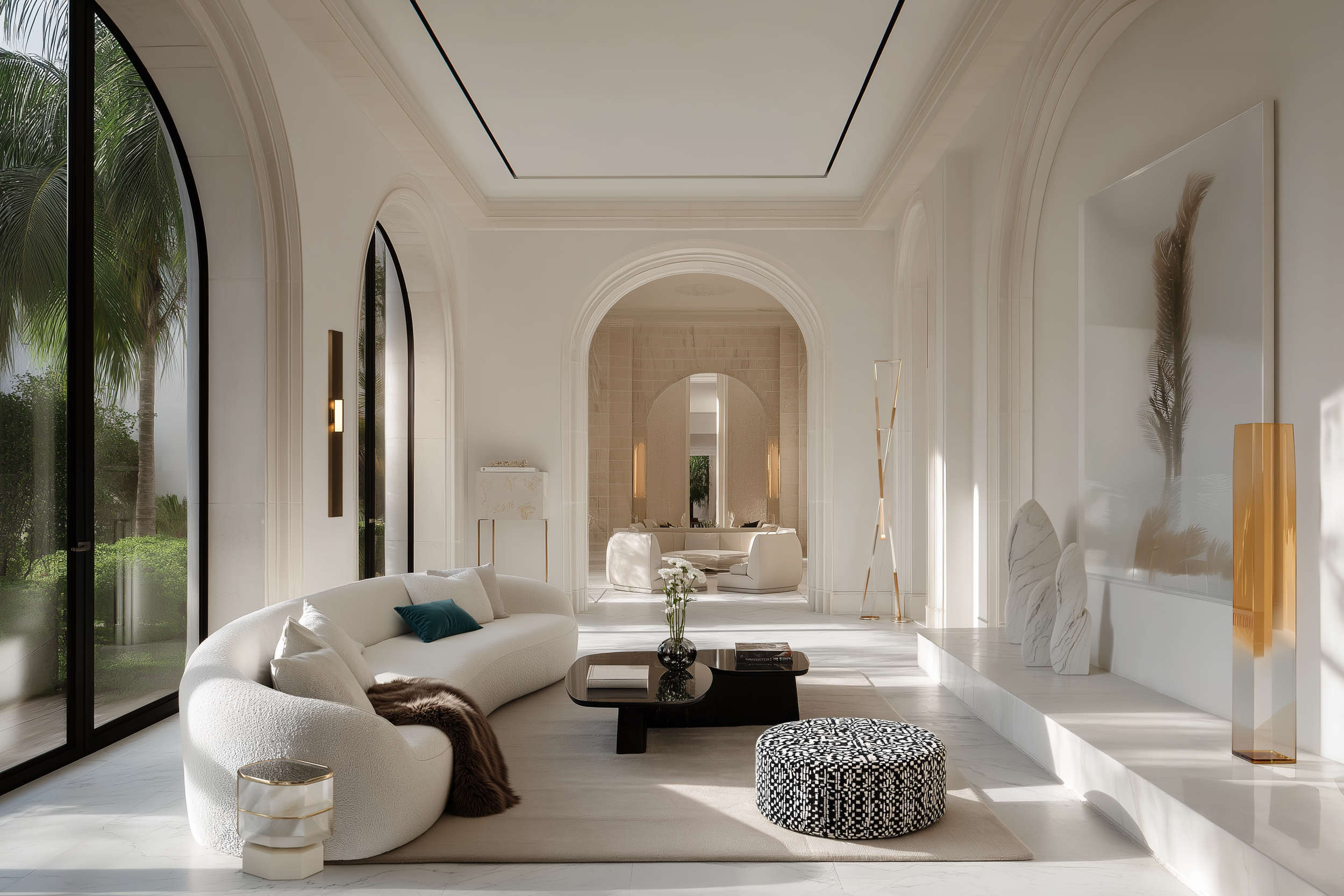 Modern chic designer living room with a sofa, armchairs, round marble coffee table, and minimalist decor. Features a dining area with a wood table and upholstered chairs, neutral color palette, and soft lighting.