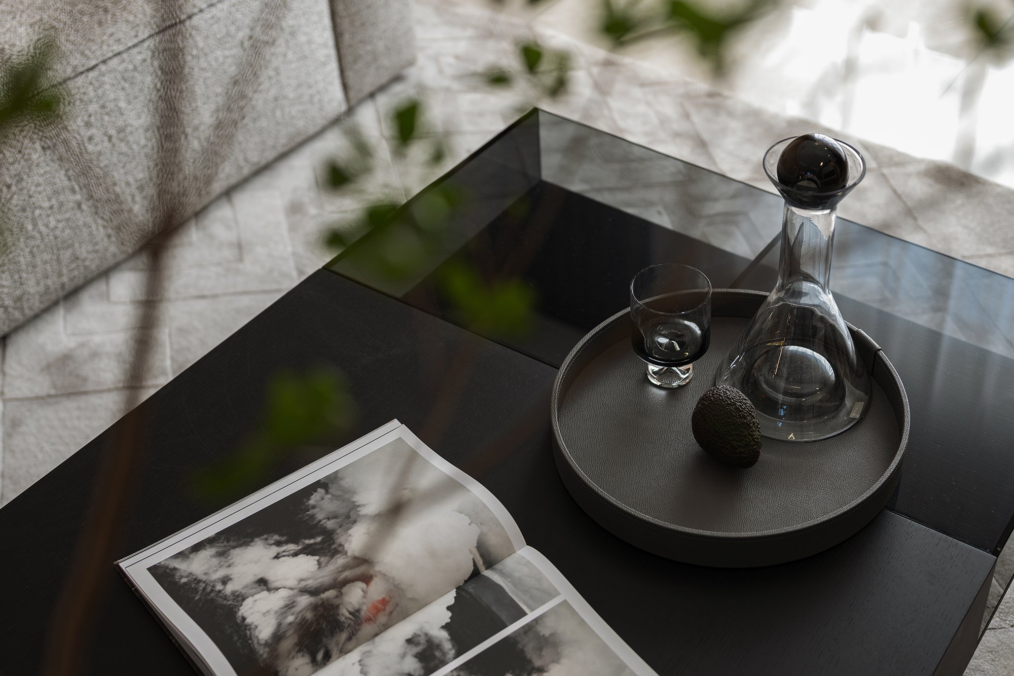 Minimalist living room with a dark coffee table, a glass decanter, a small glass, an avocado on a tray, and an open book showing abstract images.