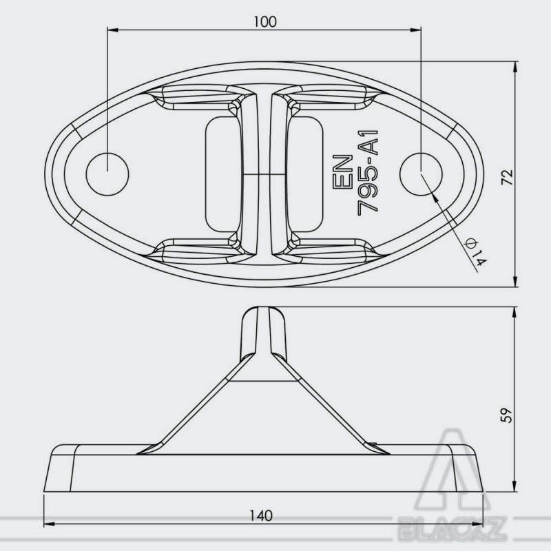 Technical drawing of a rigging anchor point with top and side views, 100mm wide, 140mm long and 72mm high with a 14mm fixing hole, used for aerial rigging installs.