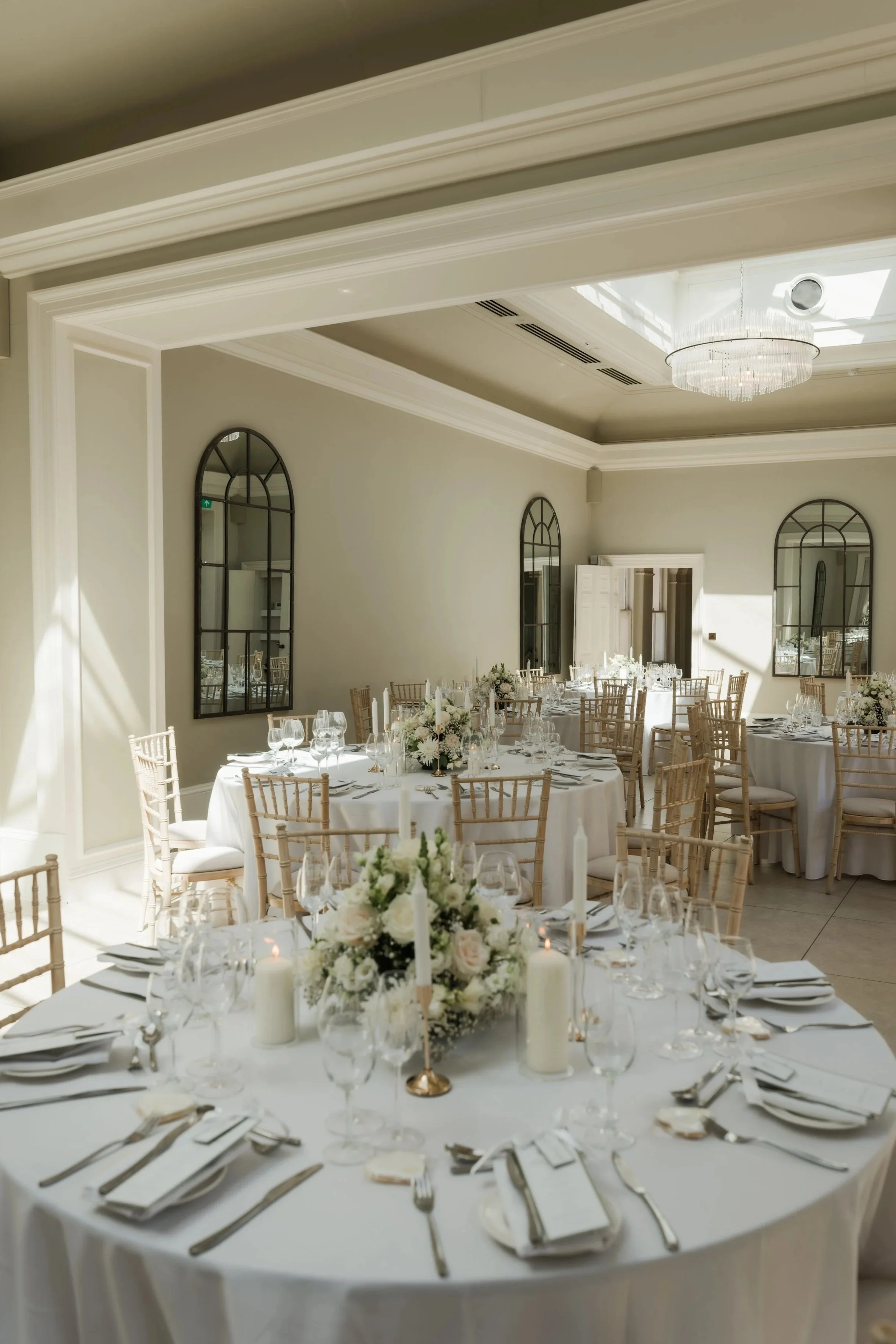 Neautral elegant wedding table decor reception room Saltmarshe Hall 