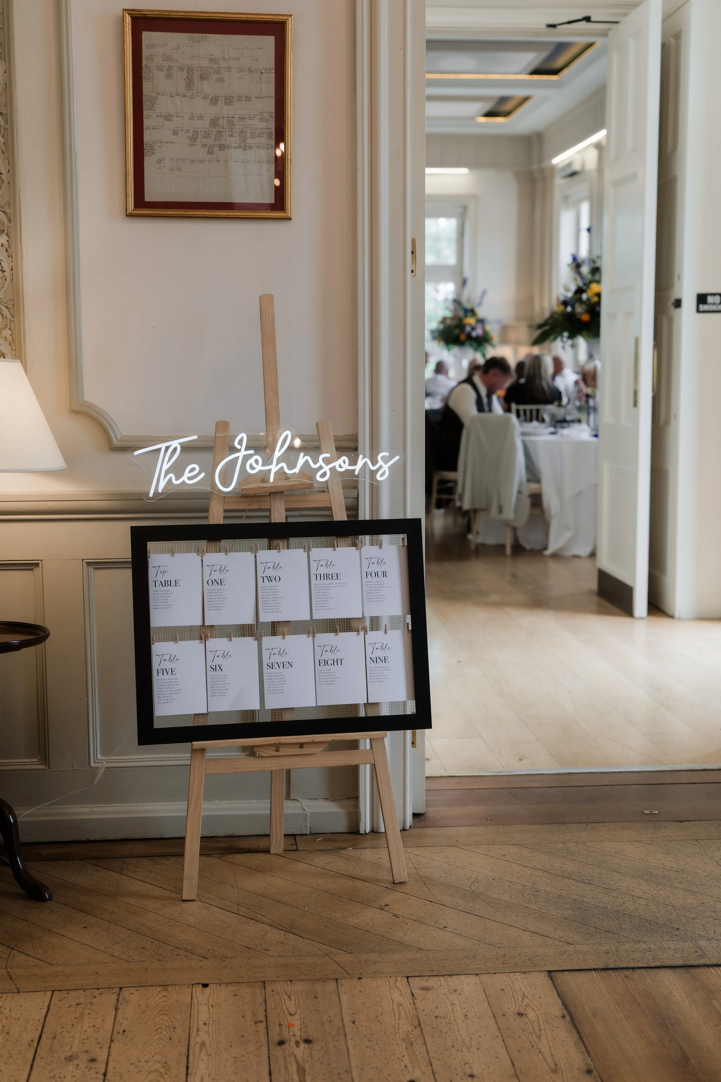 Wedding seating chart on an easel displaying table numbers one through nine at a decorated venue with guests dining in the background.