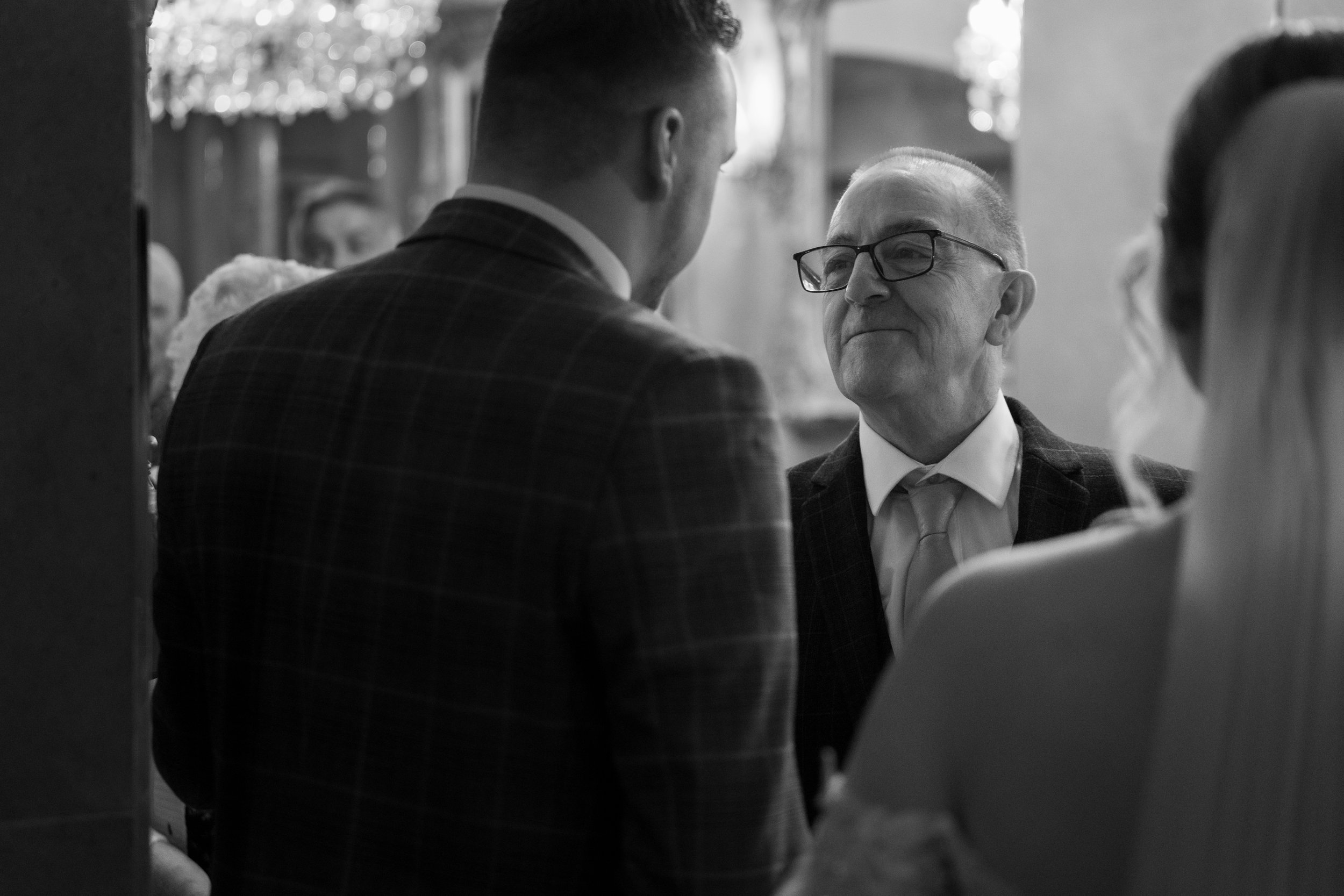 L&J Wedding Photography and Videography. Father of the bride smiling at groom. Yorkshire wedding. Fine art. Natural beautiful.