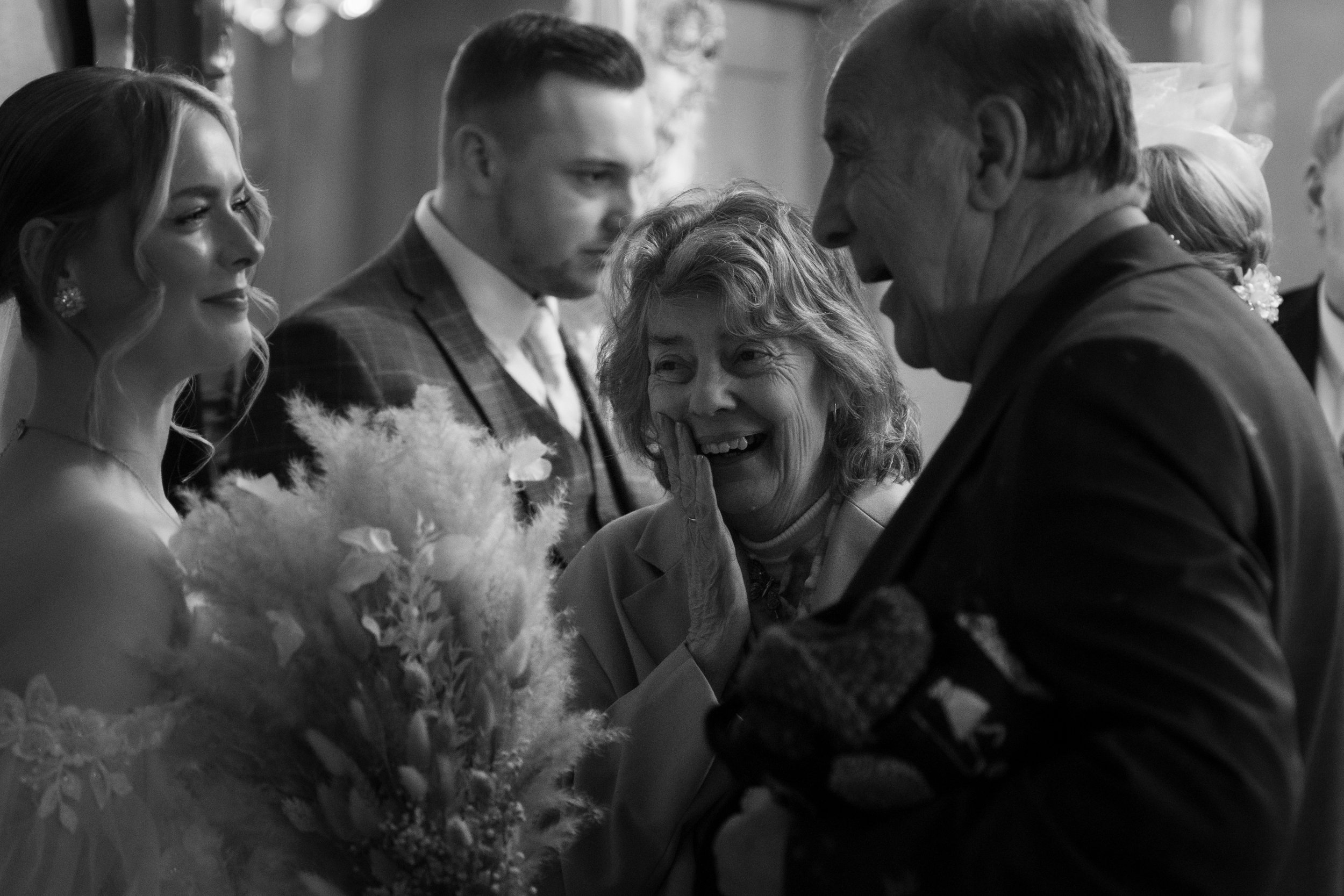 L&J Wedding Photography and Videography. Gran smiling at bride. Yorkshire wedding. Fine art. Natural beautiful.