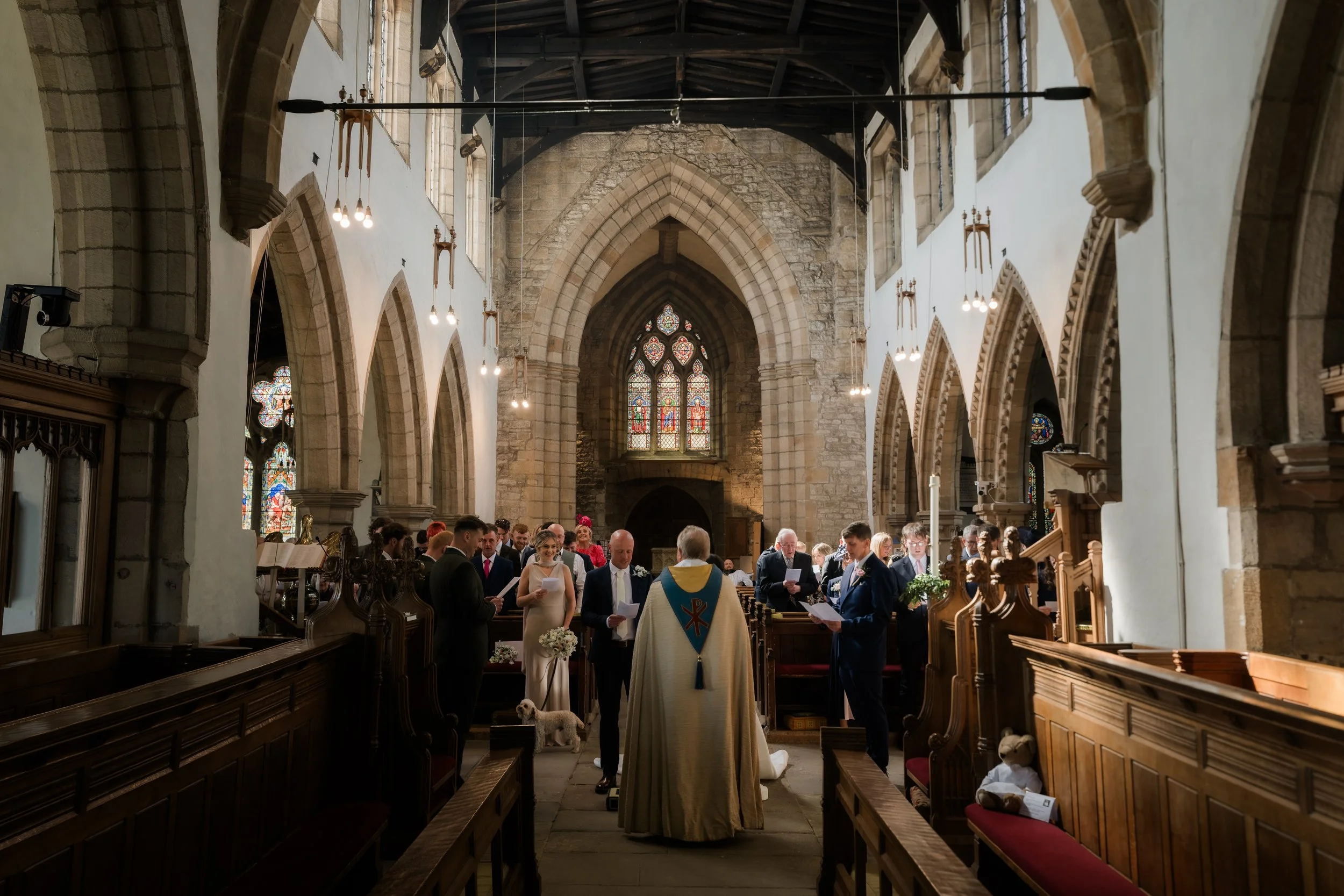 Church wedding, North Yorkshire, wide shot of wedding service.