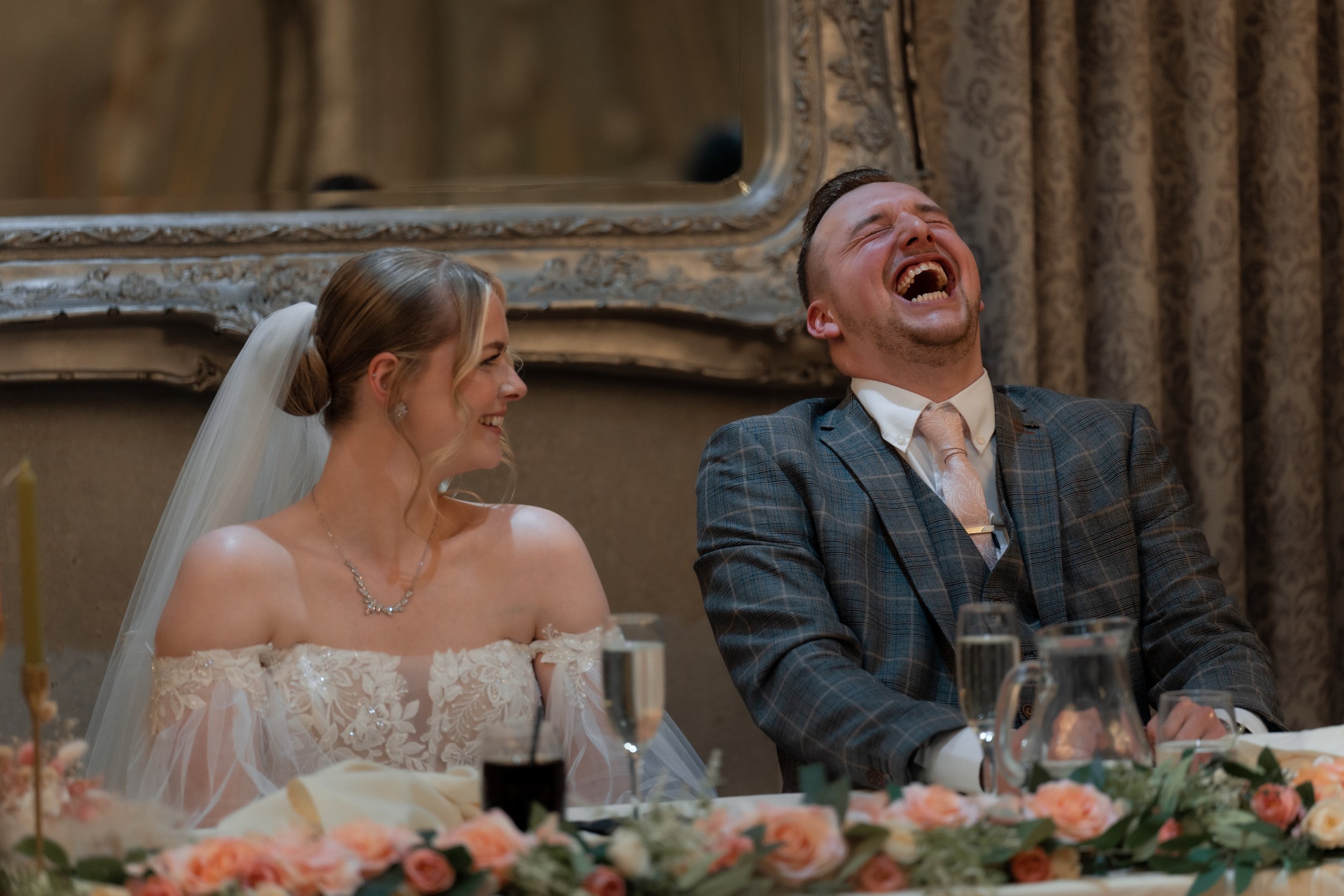 L&J Wedding Photography and Videography. Bride and groom. Groom laughing. Yorkshire wedding. Fine art. Natural beautiful.