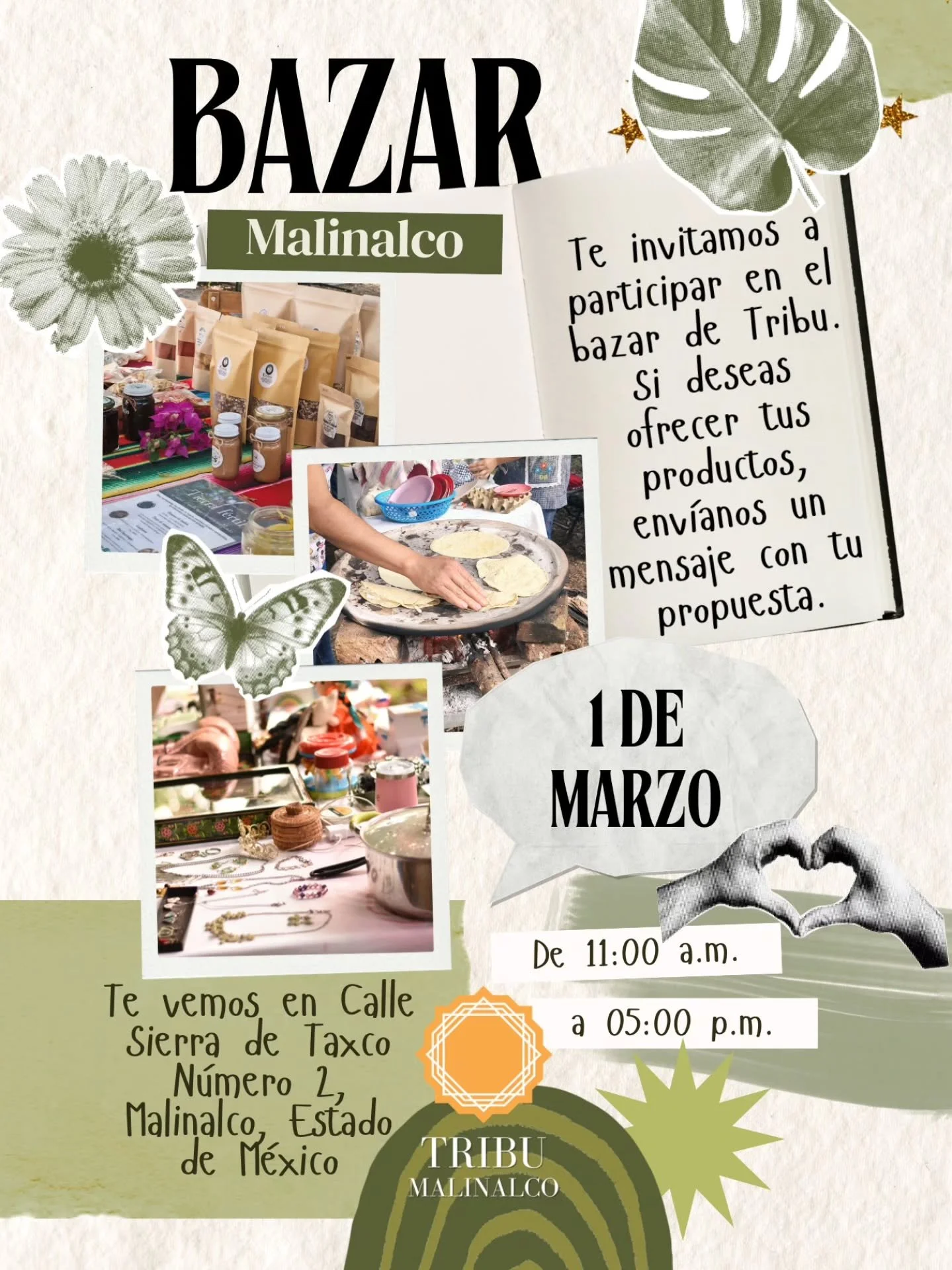 Te invitamos a participar en nuestro bazar el pr&oacute;ximo primero de marzo. Empezamos a las 11 de la ma&ntilde;ana y hasta las 5 de la tarde. Estamos ubicados en Malinalco en el Estado de M&eacute;xico. Ven y comparte tu arte, tu emprendimiento,  