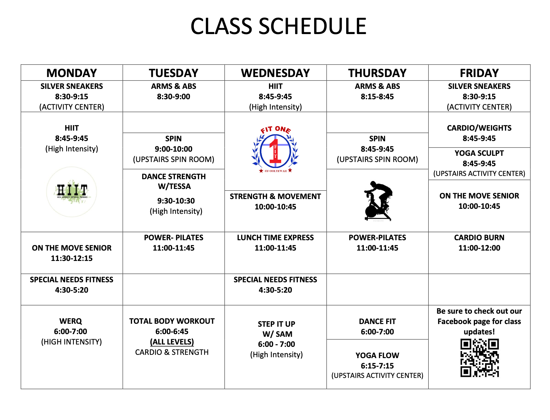 A weekly class schedule chart for a fitness center, listing various workout classes from Monday to Friday with times and locations.