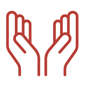 Two hands raised with palms facing up, outlined in red.