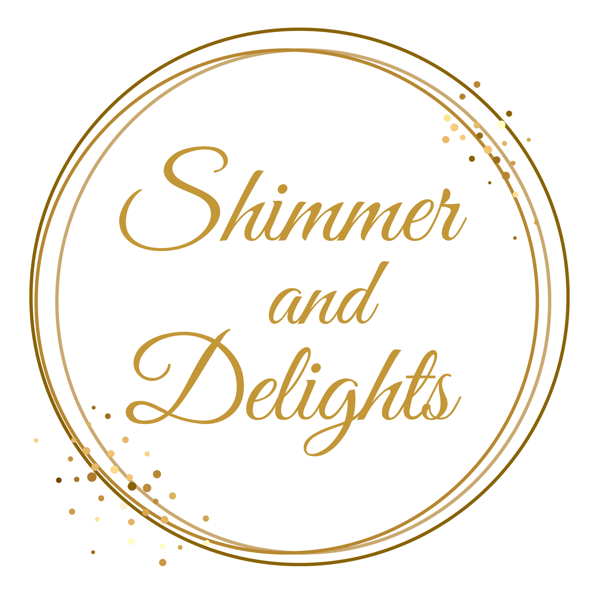 Gold circular logo with the text 'Shimmer and Delights' in the center, decorated with small gold dots and rings on a black background.