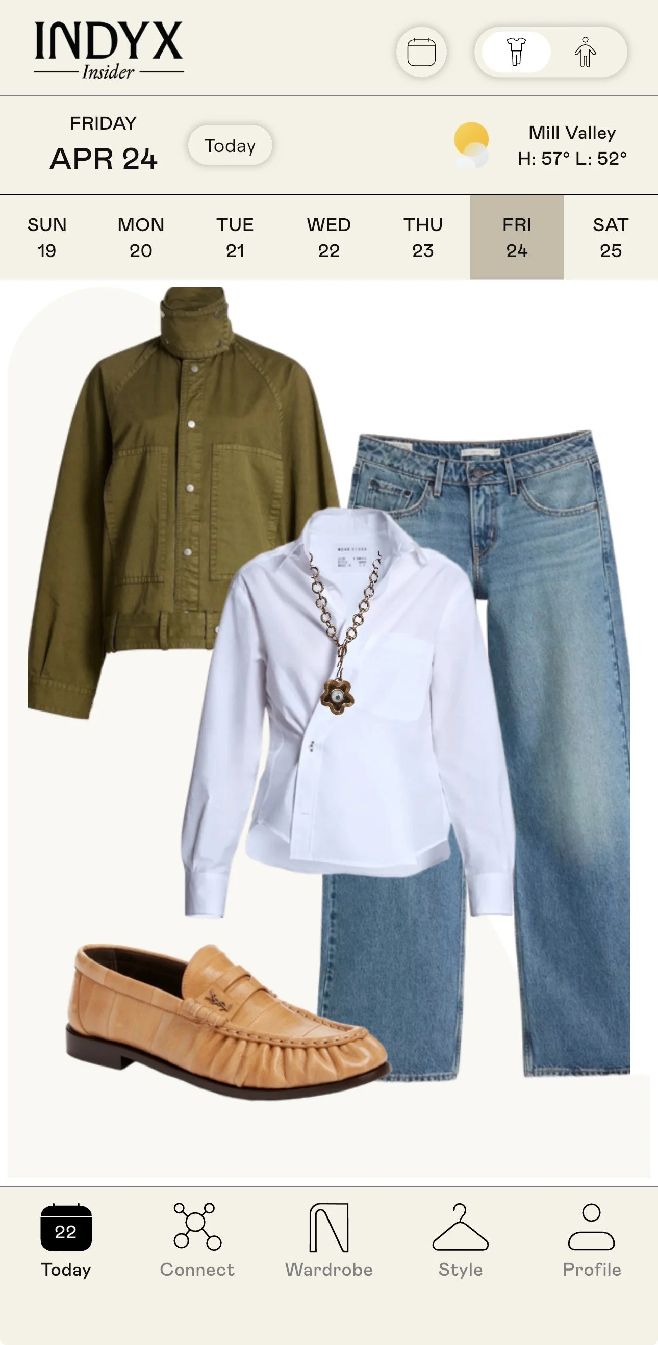 Daily outfit planning calendar in the Indyx wardrobe app