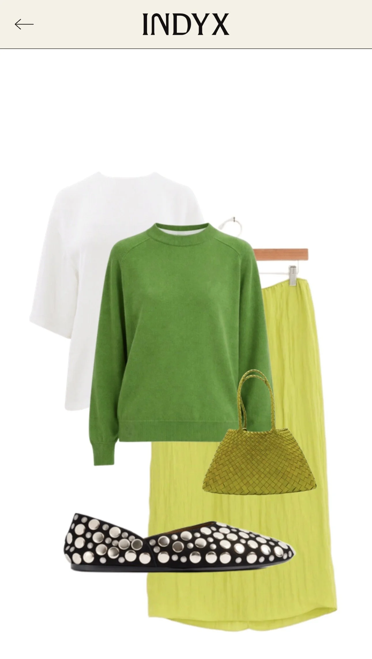 Flat lay of a curated outfit displayed in the Indyx wardrobe app