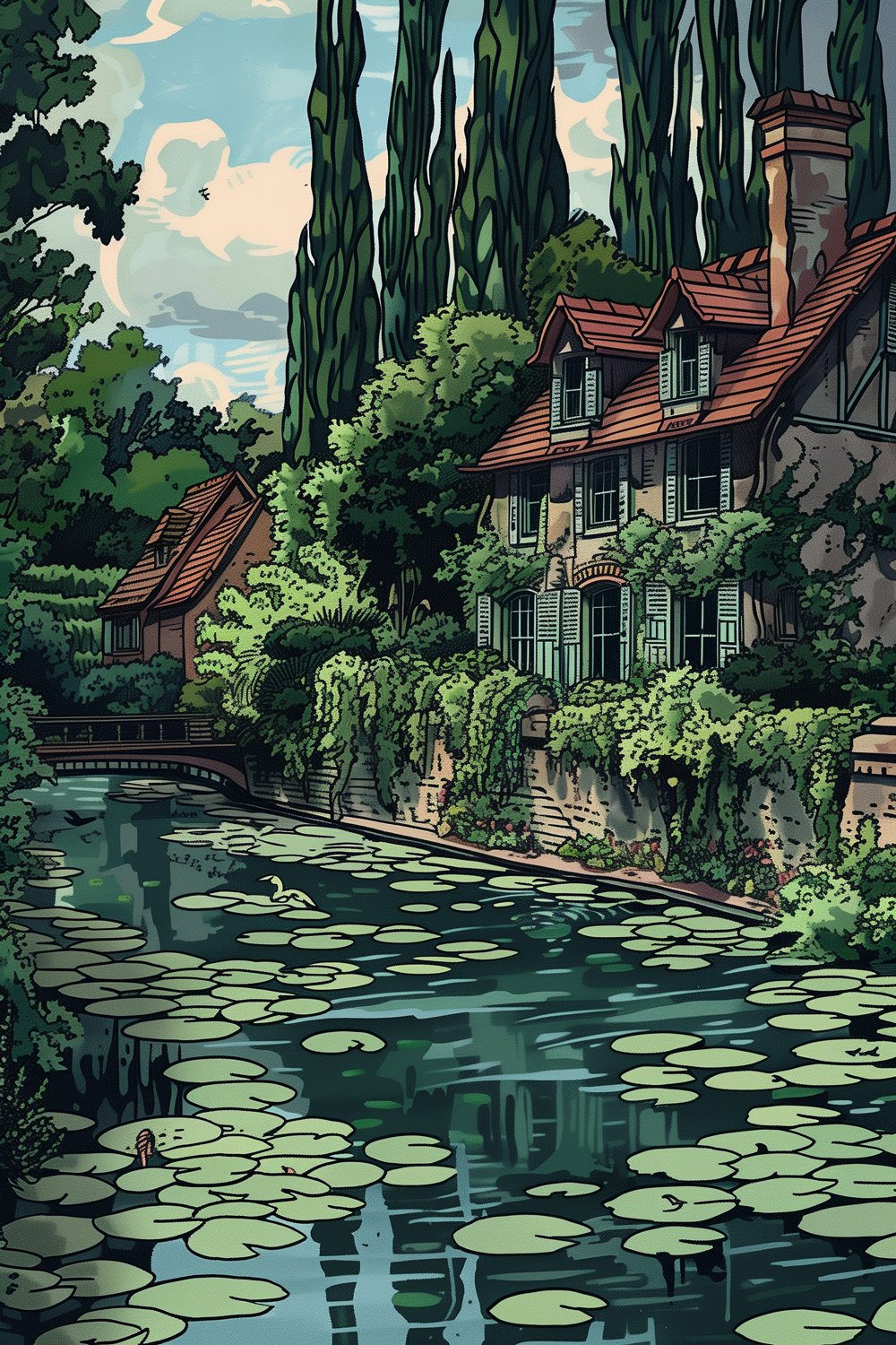 Illustration einer malerischen Landschaft mit einem Haus am Wasser, Seerosen auf dem Teich und hohen Bäumen im Hintergrund.