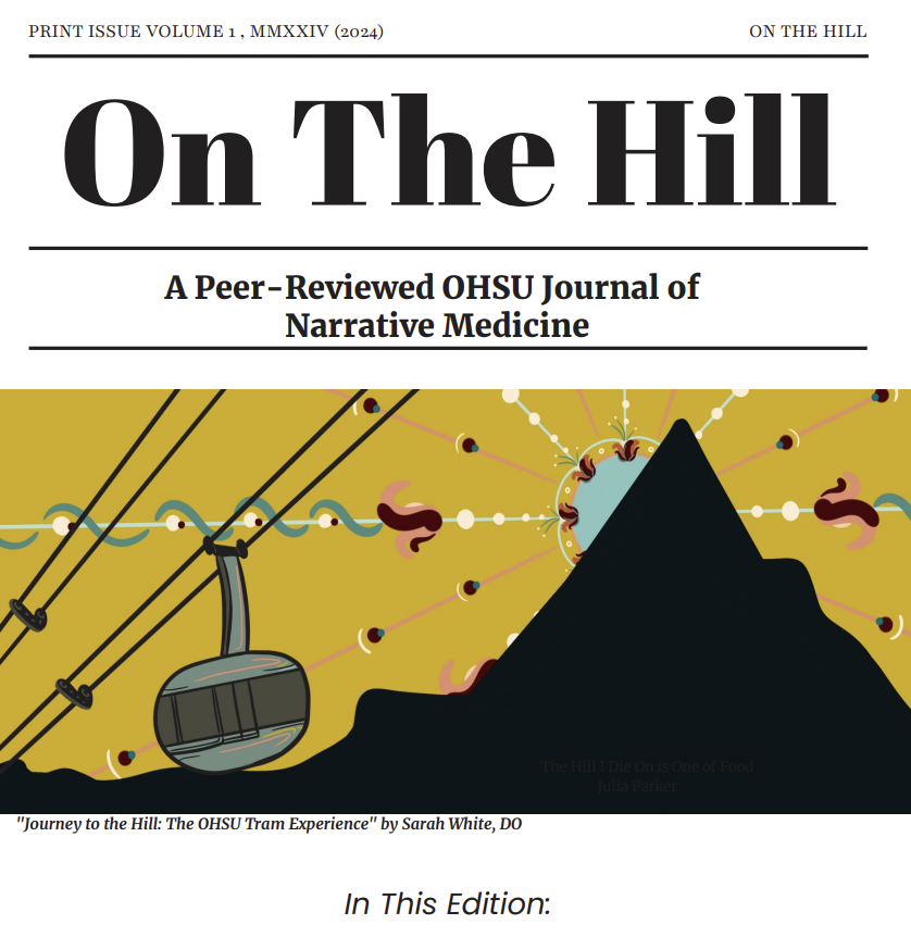 Cover page of a journal titled 'On The Hill,' featuring an illustration of a mountain, a gondola, and abstract patterns on a yellow background.