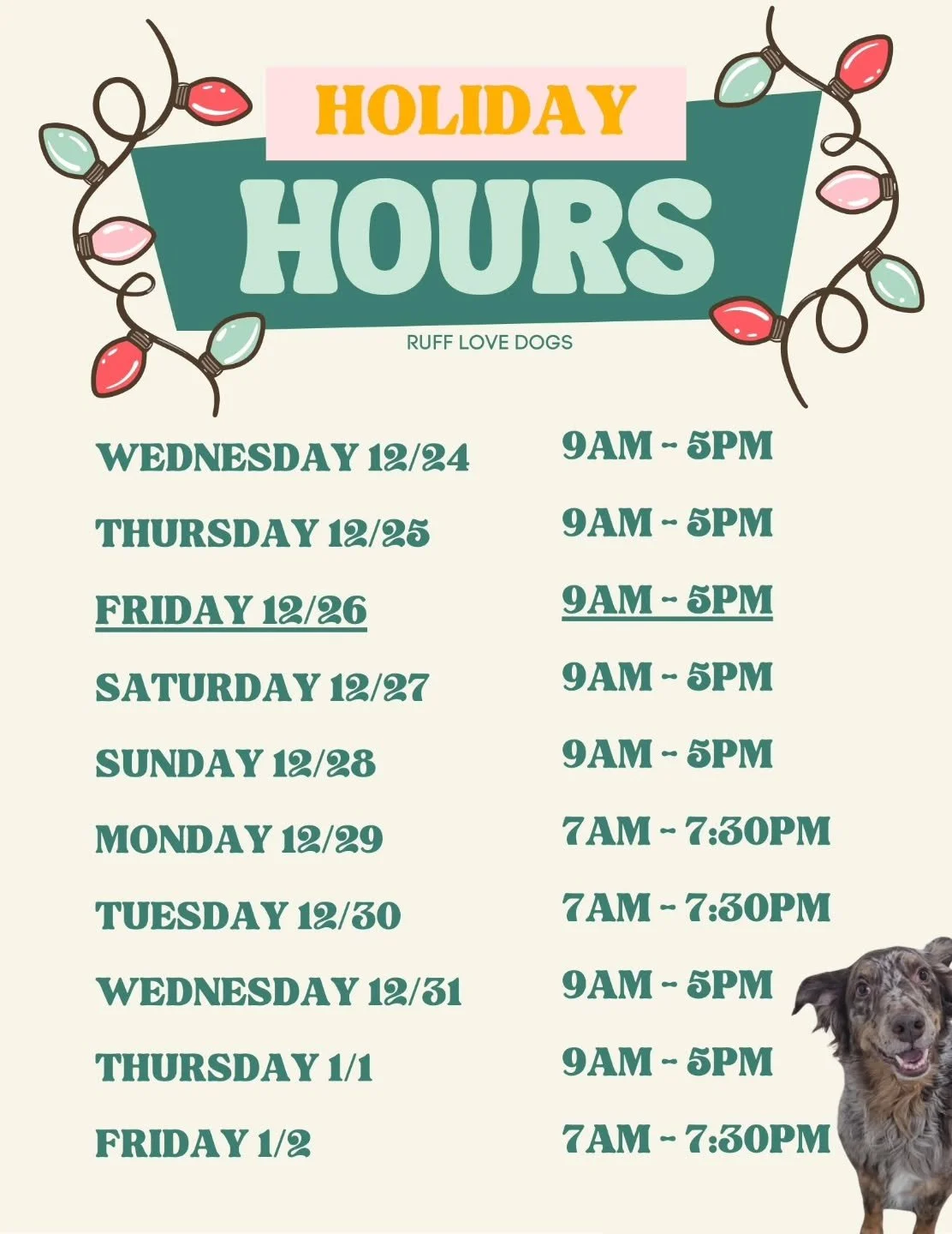 Please take note of our holiday hours! Thank you!

#rufflovedogs #holidayhours #supportlocalbusiness #supportsmallbusiness #holiday #holidayseason